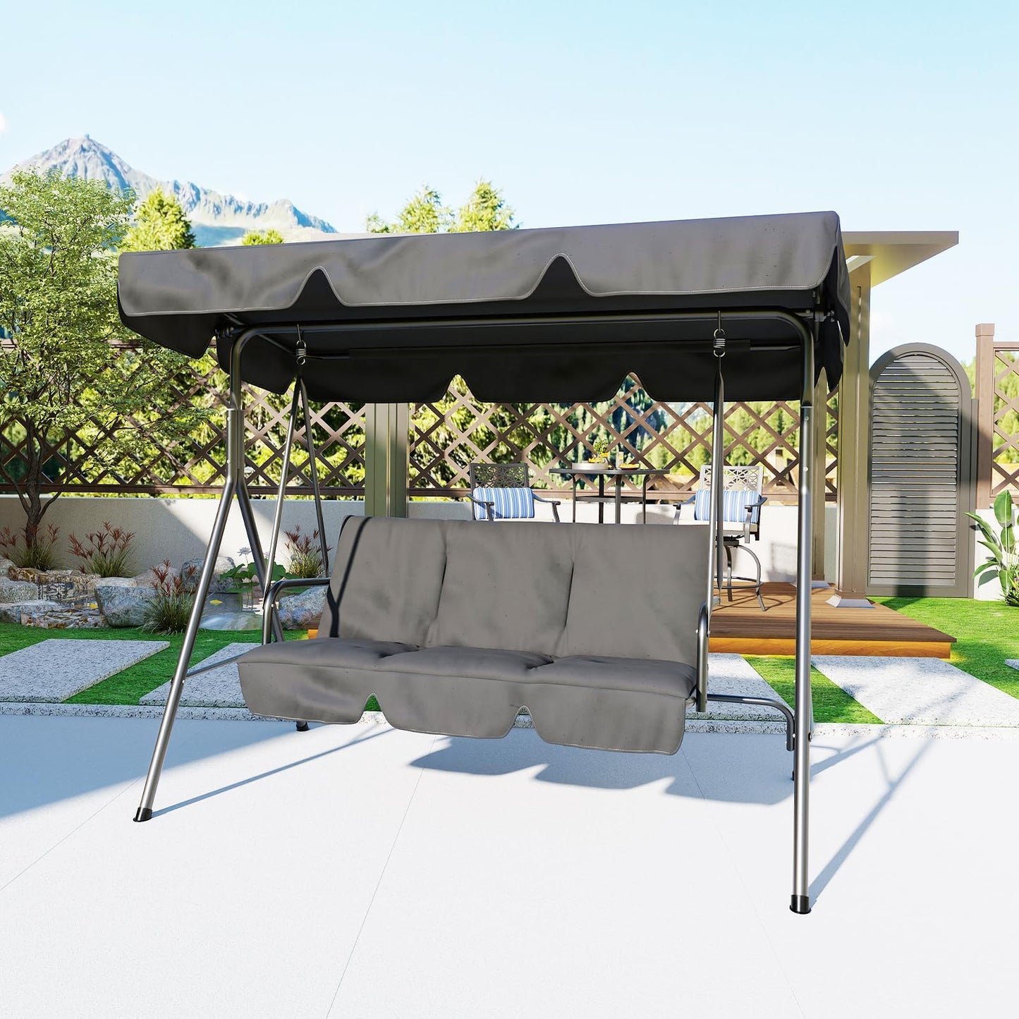 3 Seat Outdoor Porch Patio Swing with Stand and Adjustable Canopy, 800lbs Patio Chairs Porch Swing with Adjustable Tilt Shade for Blackyard Garden Deck, Grey