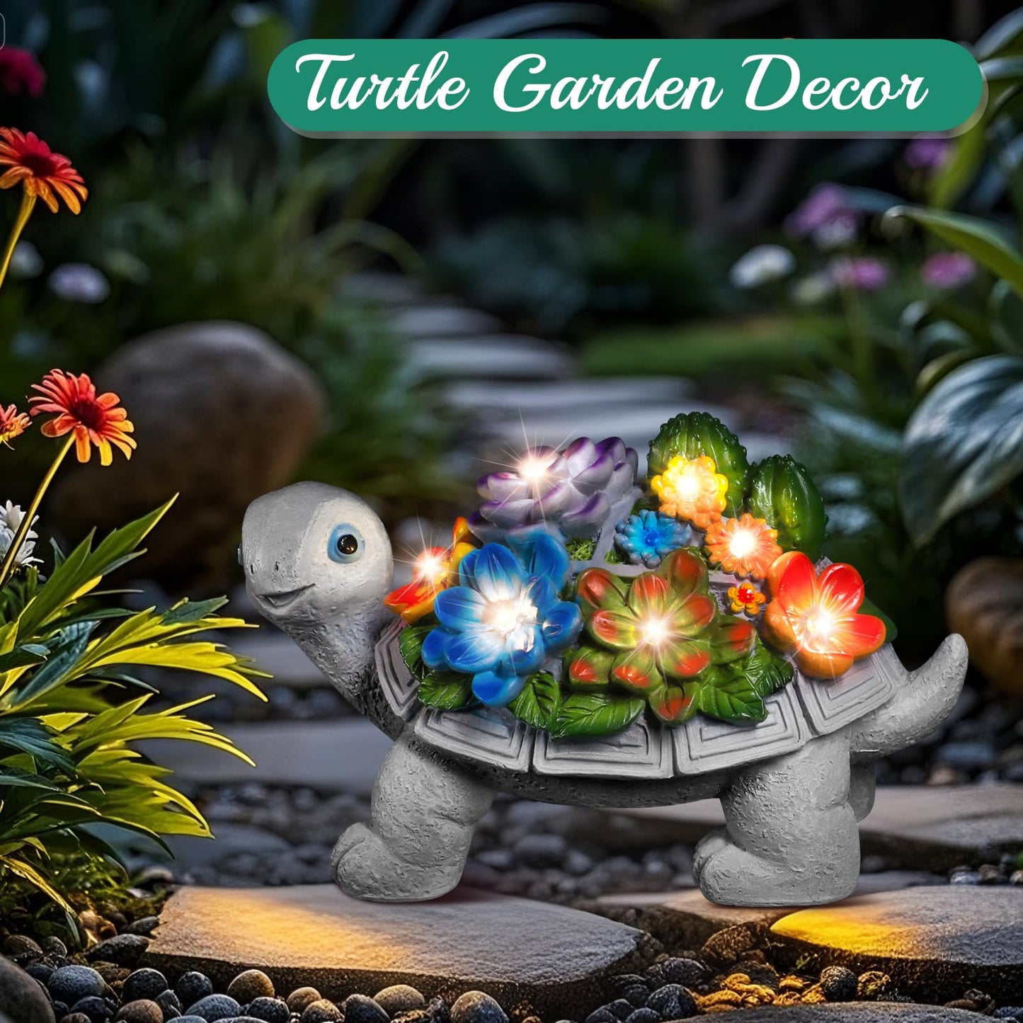 Linkax Solar Garden Decor for Outside Yard Decoration Outdoor Home Patio, House Warming Gifts New Home, Birthday Gifts for Women Mom Grandma, Turtle Statues with Succulent and 7 LED Lights