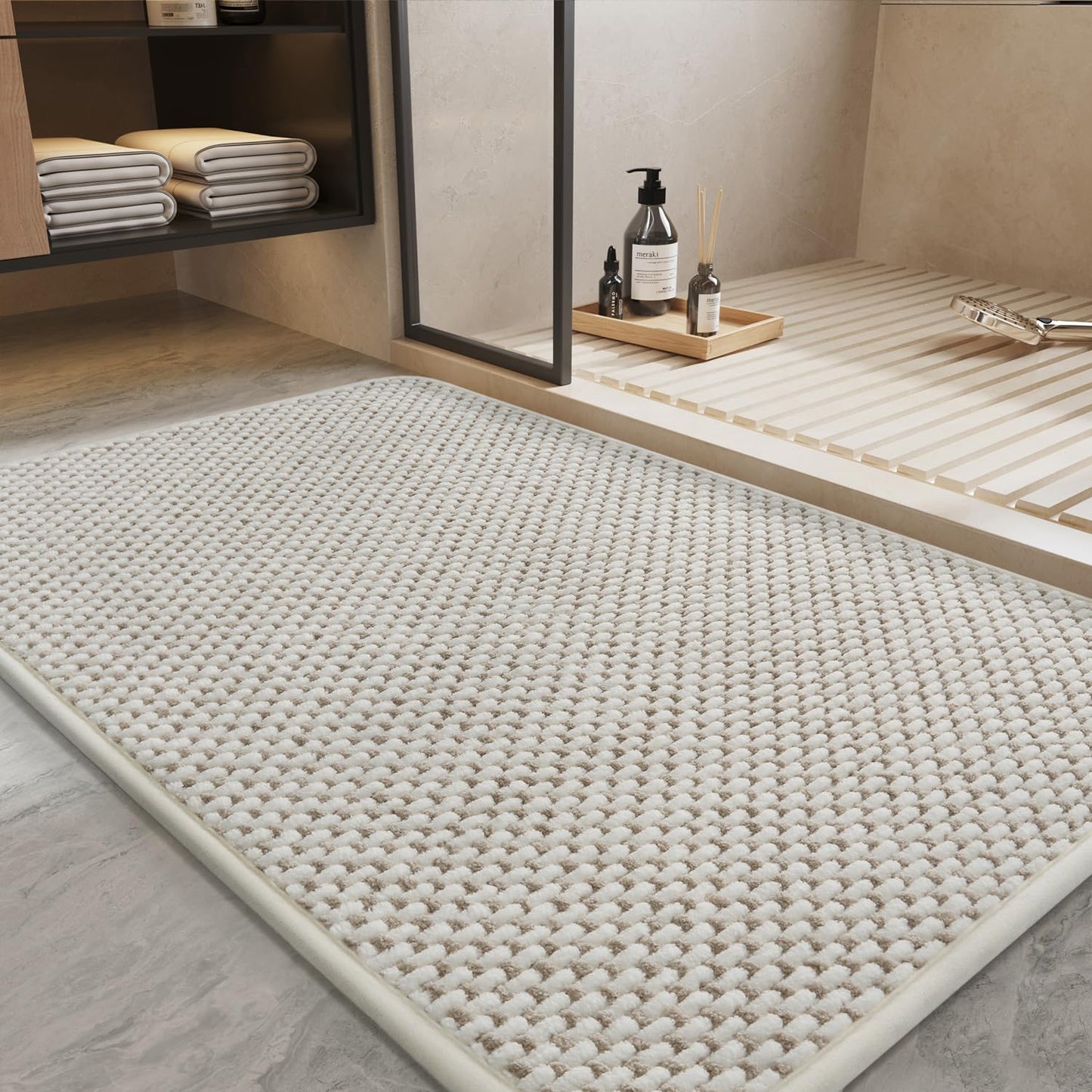PADOOR-Bath Mat-Super Absorbent Chenille Bathroom Mats-Rubber Backed Bath Mats for Bathroom Non Slip, Easy Clean Bathroom Rugs Front of Bathtub,Shower Room,Sink-17×28, Beige&Cream