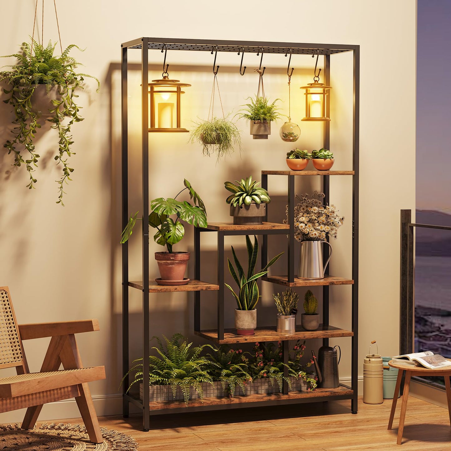 Indoor Plant Stand 5-Tier Tall 70.9", Large Metal Plant Shelf with Hanging Hooks, Multi-Purpose Display Rack, Flower Bonsai Pots Organizer for Garden, Balcony, Living Room, Brown