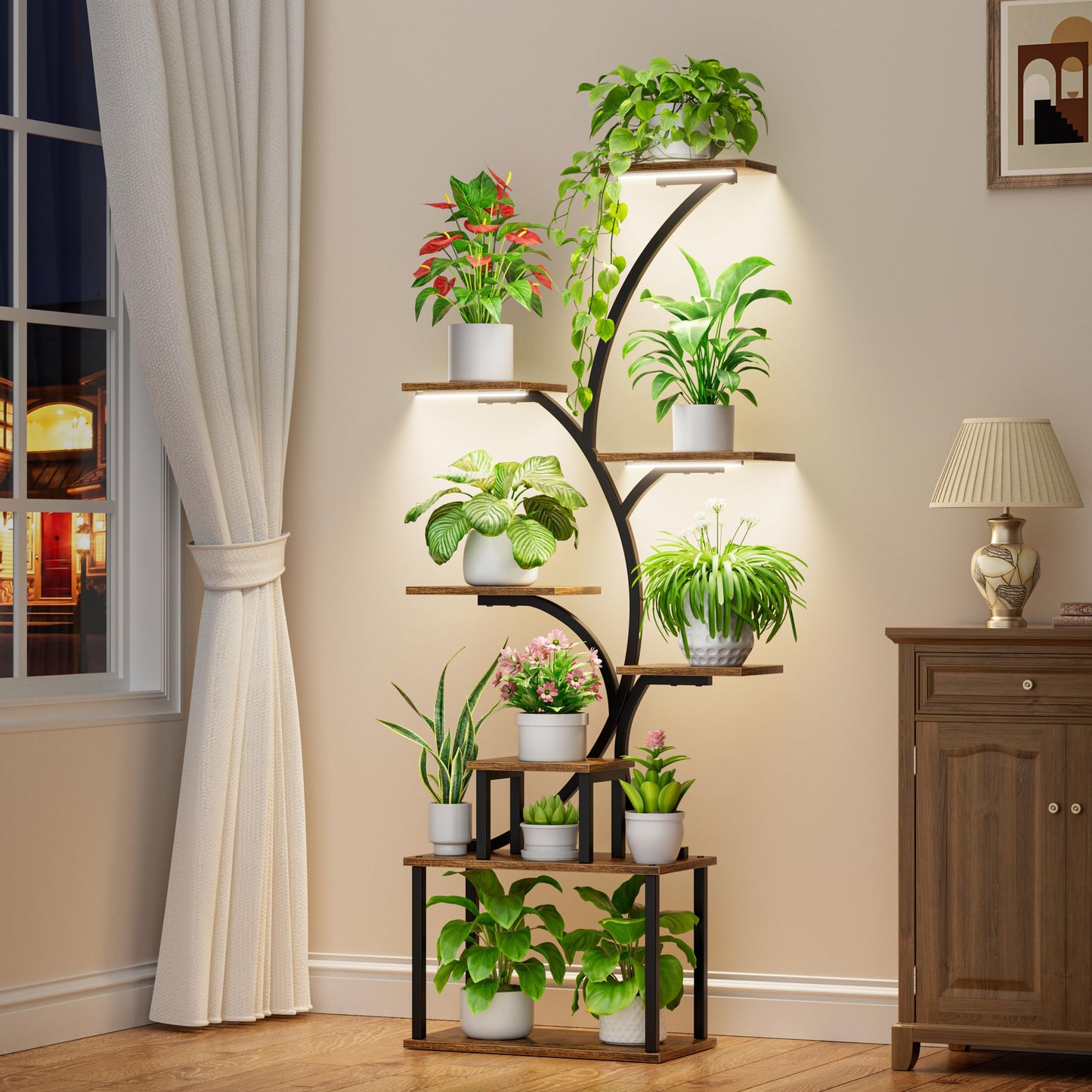 POZILAN Plant Stand Indoor with Grow Lights, 8 Tiered Tall Plant Shelf for Indoor Multiple Plants, Metal Large Flower Holder Display Rack for Living Room, Garden, Patio