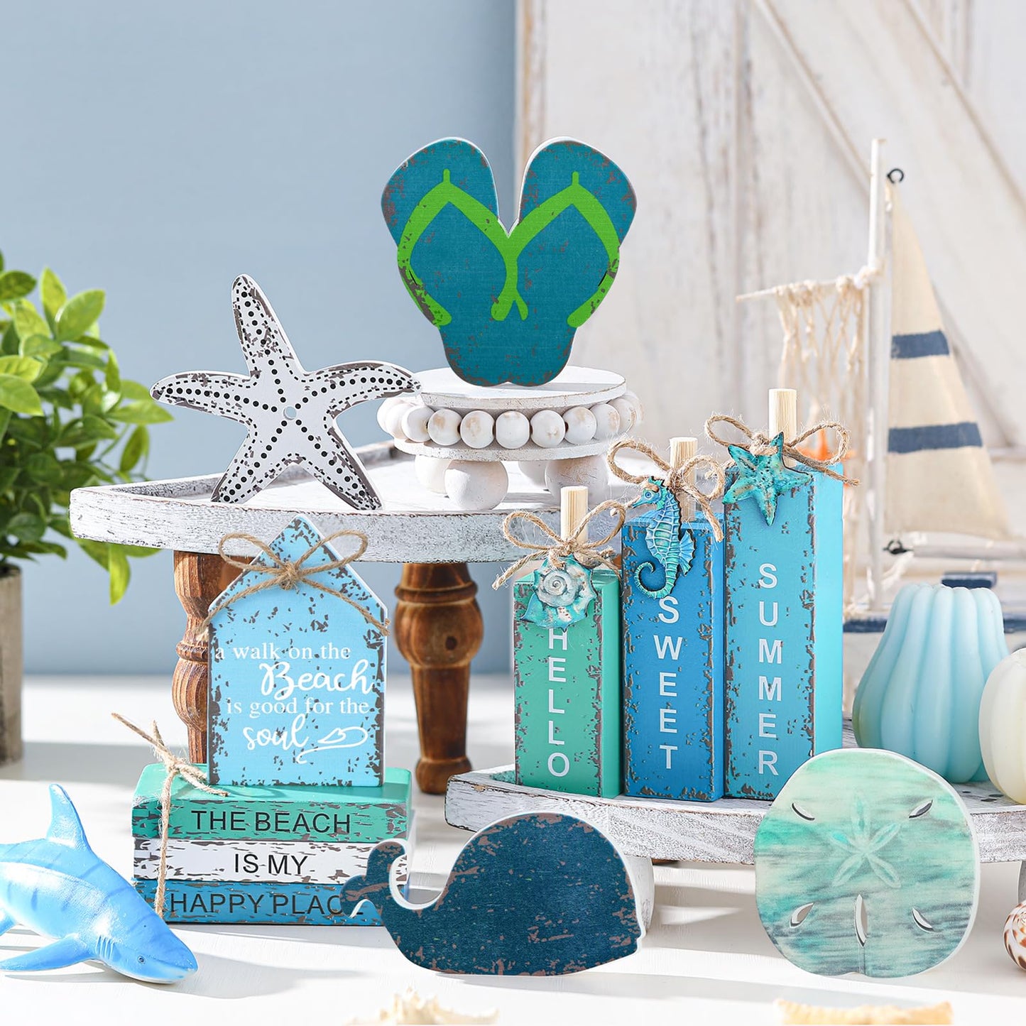 Vercraft 11 Pcs Summer Beach Table Decorations Ocean Tiered Tray Decor Summer Centerpiece Decorative Wood Books Table Top Decor Starfish Wooden Sign for Home Party Supplies (Ocean)