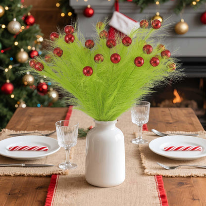 Hananona 30pcs 15" Christmas Picks and Sprays Christmas Tree Filler Green Curly Greenery Stems with Red Ball Xmas Artificial Stems for CraftsTree Decor, Vase Fillers, Home Decorations (30, Green)