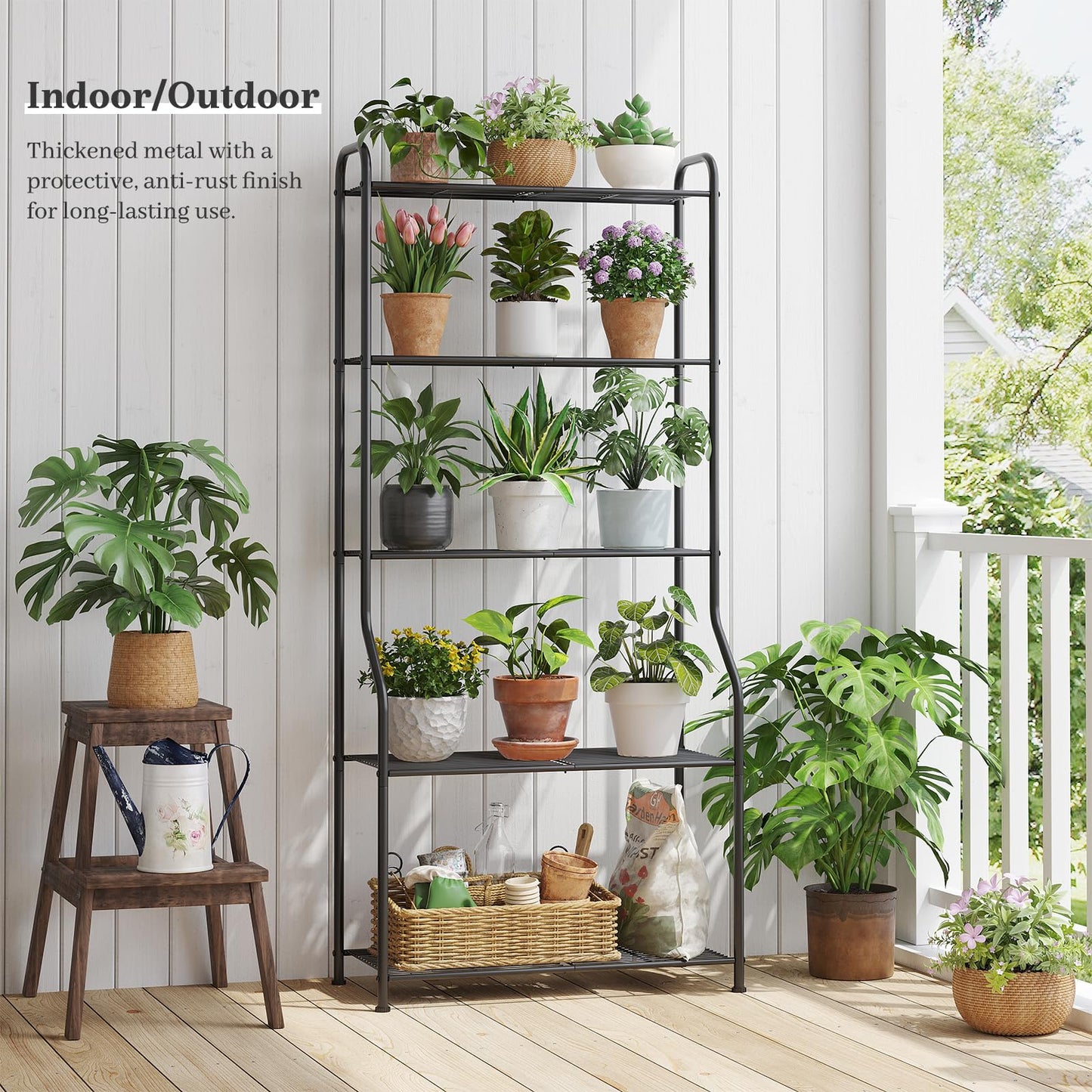 Kitsanery Plant Stand Indoor Outdoor for Multiple Plants, 5 Tier Tall Heavy Duty Metal Shelf, Large Flower Pot Holder Ladder for Garden, Patio, Living Room, Balcony, Black