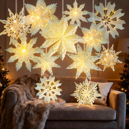 12 Pcs Christmas Paper Snowflake Lanterns, 3D Christmas Paper Star Lanterns with LED Lights, 10/12 Inch White Hanging Snowflake Lamps for Xmas Winter Frozen Weddings New Year Party Decorations