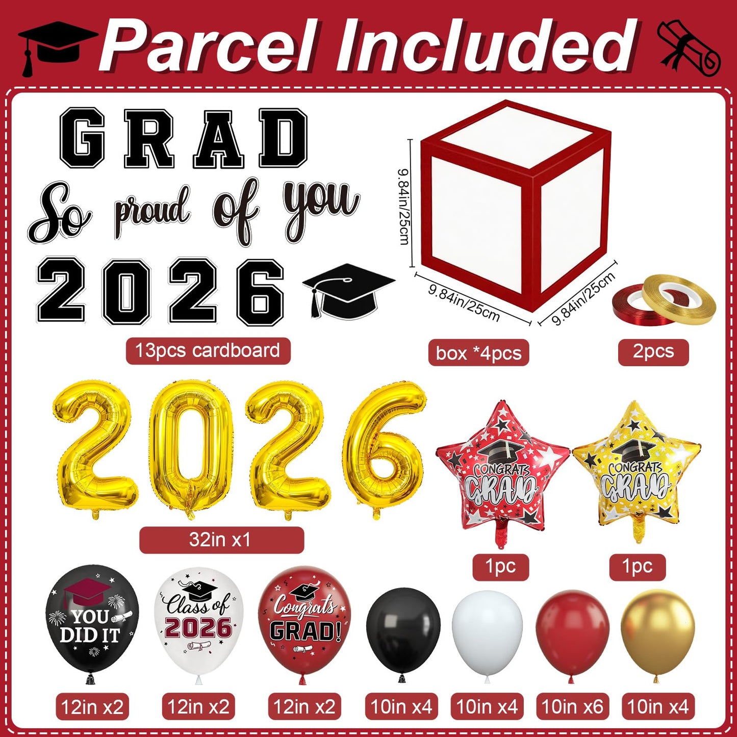 Maroon Prom Graduation Decorations Gold 2026 Number Balloons Boxes Burgundy Black Congrats Party GRAD So Pround of You Letters Star Foil Wine Red White Balloon Backdrop School College Celebrations