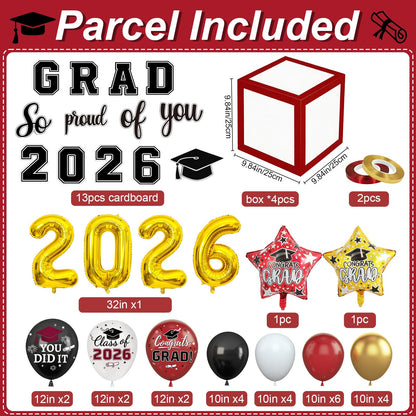 Maroon Prom Graduation Decorations Gold 2026 Number Balloons Boxes Burgundy Black Congrats Party GRAD So Pround of You Letters Star Foil Wine Red White Balloon Backdrop School College Celebrations