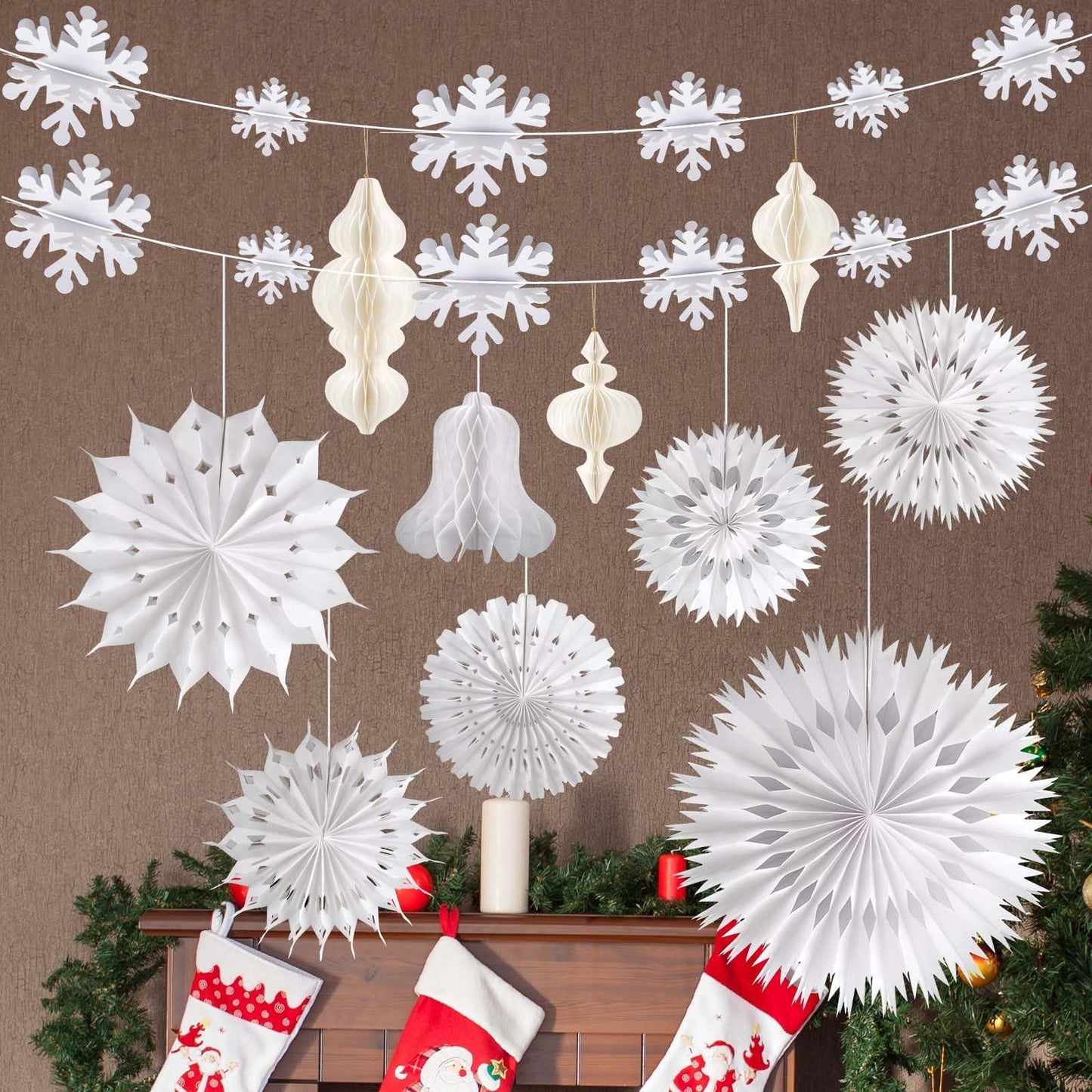 White Christmas Hanging Decorations Set, 3D Paper Honeycomb Ornaments Decorative Honeycomb Bell Lanterns with Lights, Paper Snowflake Fans Garlands for Xmas Tree Winter Wonderland Holiday Party Decor