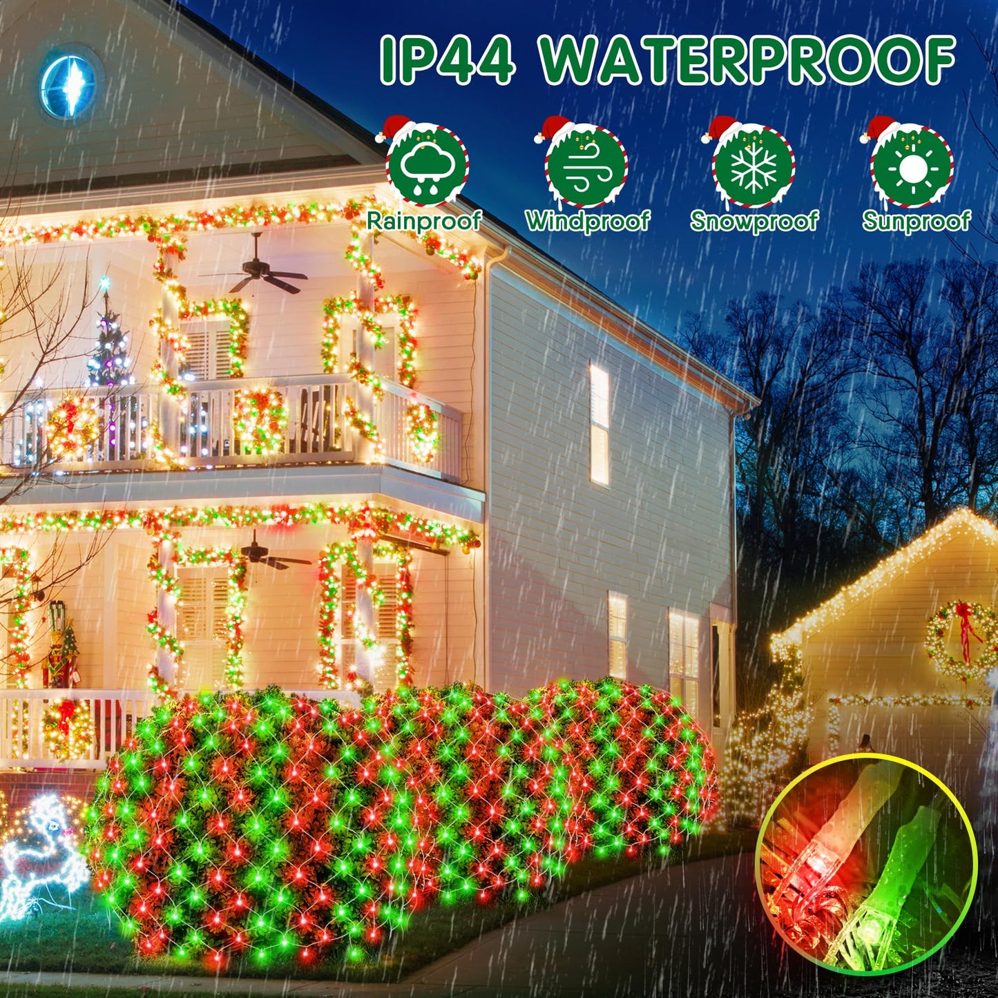 Hezbjiti Christmas Net Lights Outdoor 200 LED 6.9FT x 5.4FT Clear Wire with 8 Modes, Connectable Plug in Waterproof, Timer Memory Function for Xmas Tree Bushes Porch Lawn Windows Decor（Red Green）