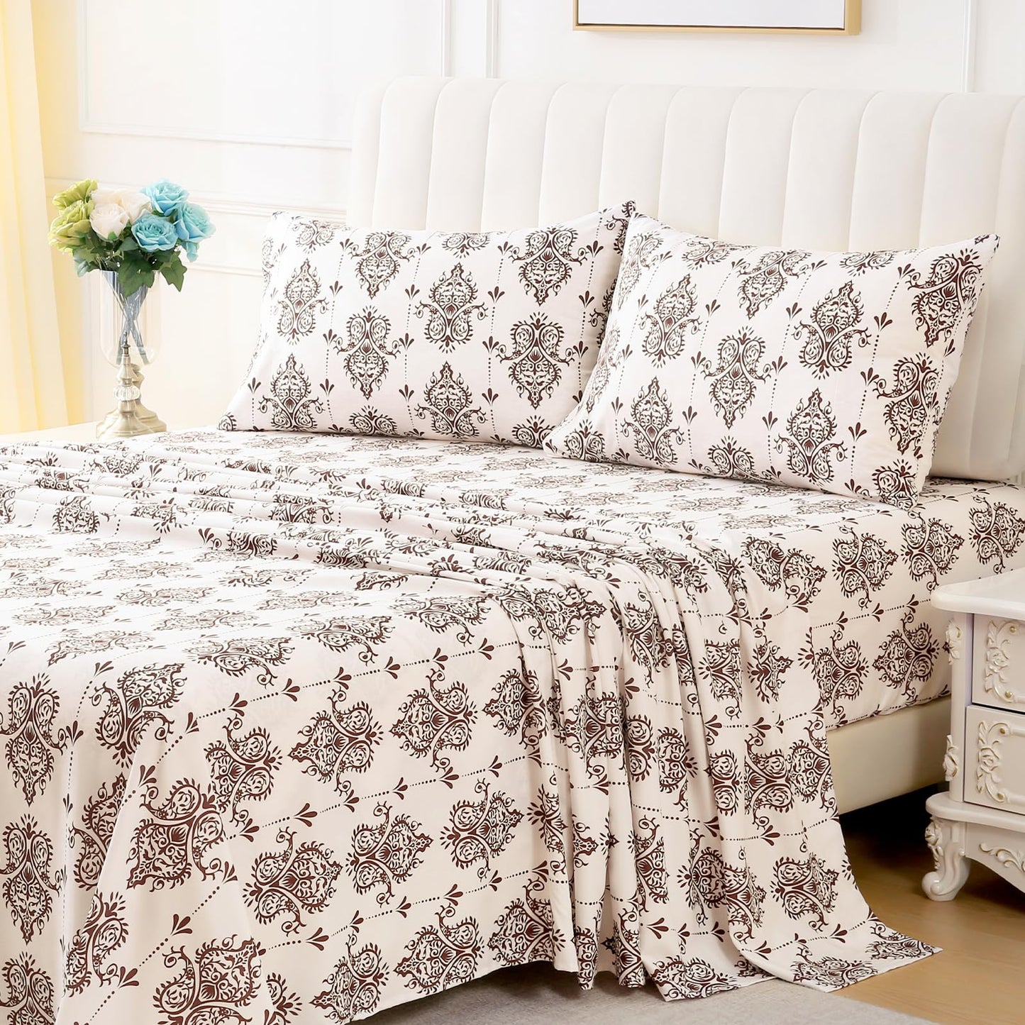 ChicView Queen Size Paisley Printed Sheet Set,4 Pieces Boho Style Breathable Soft Microfiber Bedsheets, Anti Pilling Deep Pockets Easy Care Bed Sheets, Brown