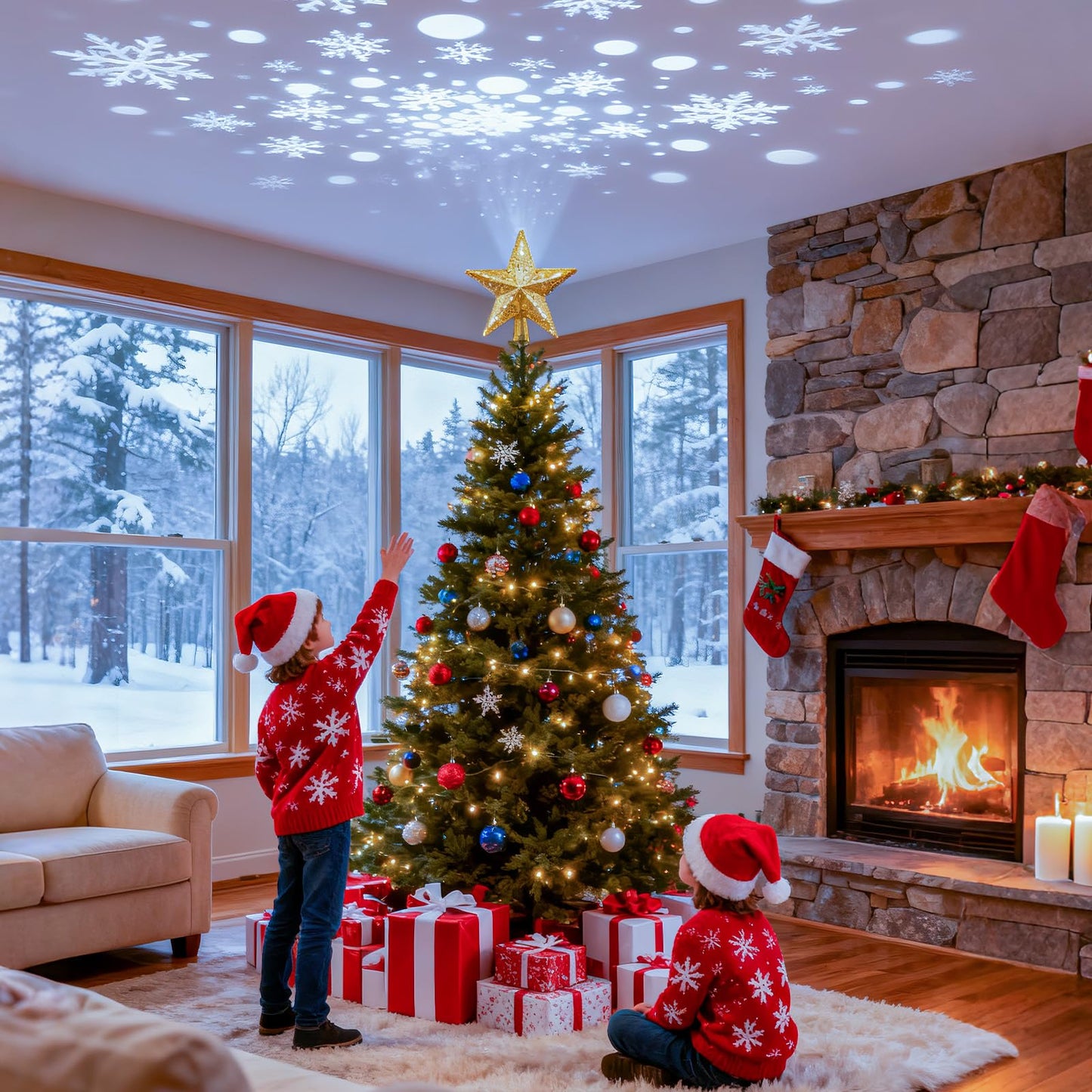 Christmas Tree Topper Lighted with Golden Snowflake Projector, 3D Holographic Rotating LED Magic Light, Christmas Tree Star Topper for Christmas Tree Decorations