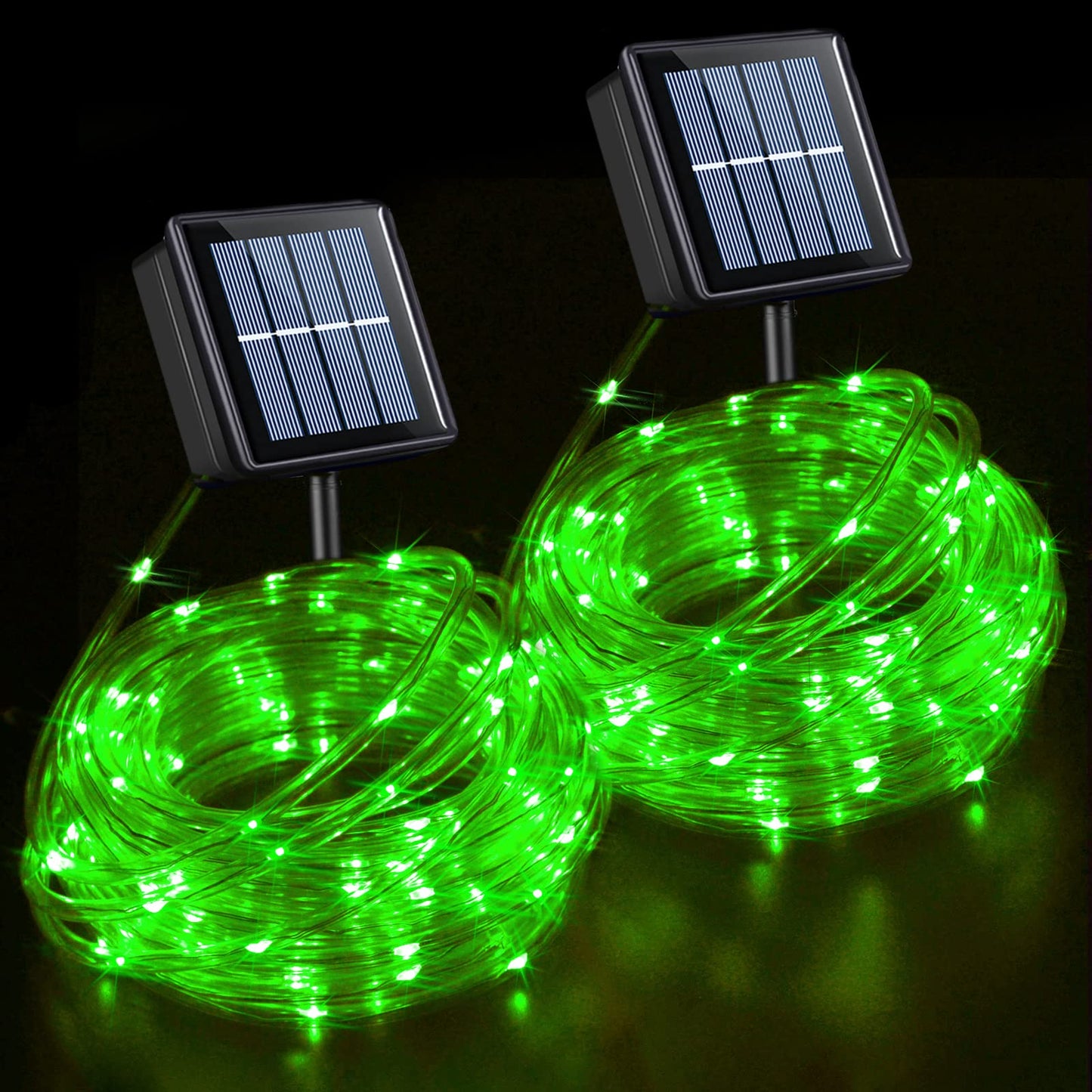 QITONG 2 Pack Green Solar Rope Lights, Each 33ft 100 LED String Lights Outdoor, 8 Modes Fairy Lights in Clear PVC Tube