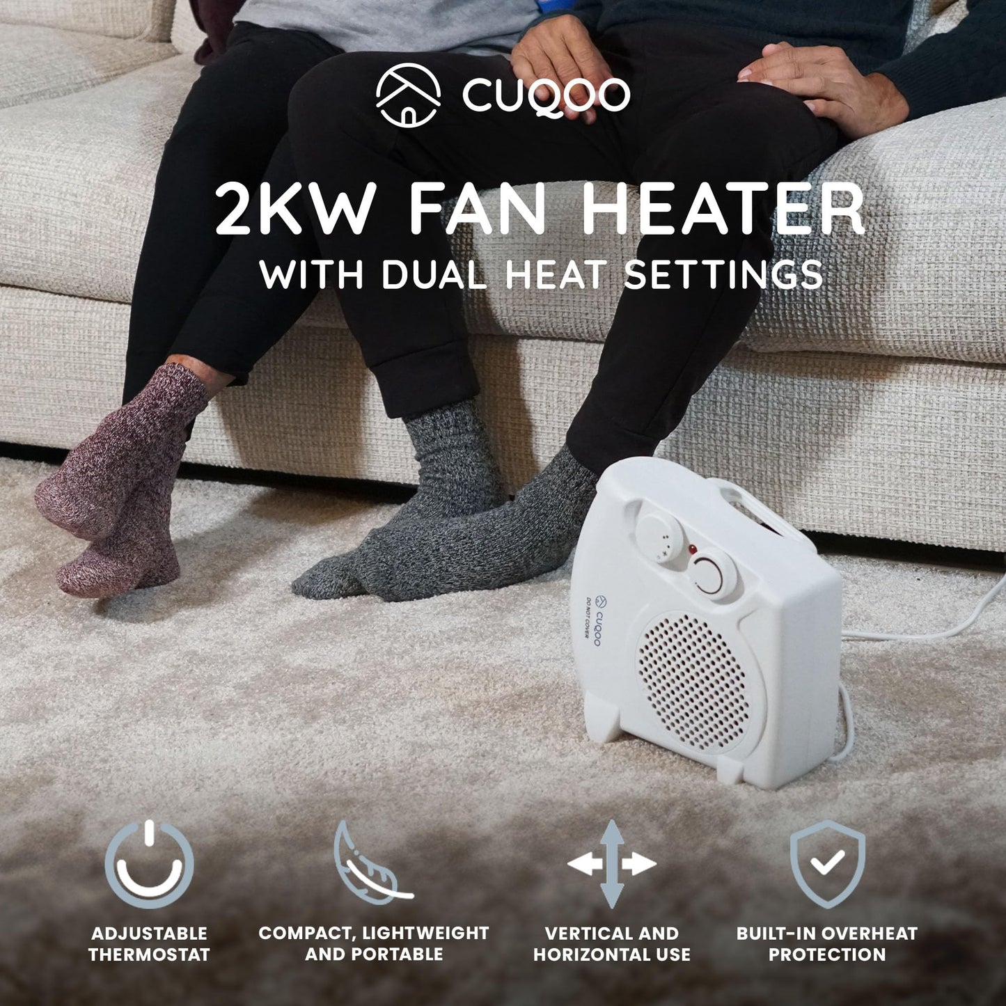 CUQOO Powerful 2KW Fan Heater with 2 Heat settings & Cool Function - Upright Electric Quiet Space Heater for Home with Variable Thermostat, Low Energy Usage