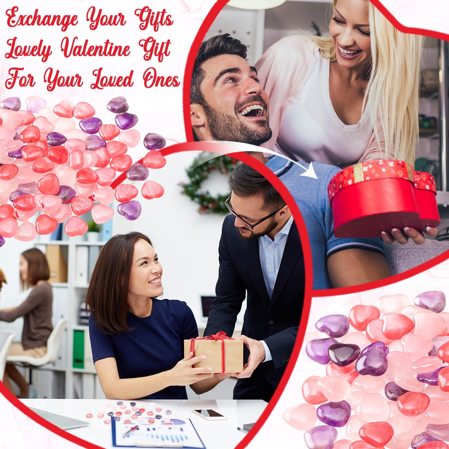 Soulchen 100 Pcs Valentine's Day Heart Healing Stone Bulk Inspirational Worry Love 0.8 Inch Quartz Heart Inspirational Stones Gift for Women Valentines Gift Natural Energy Balancing Meditation