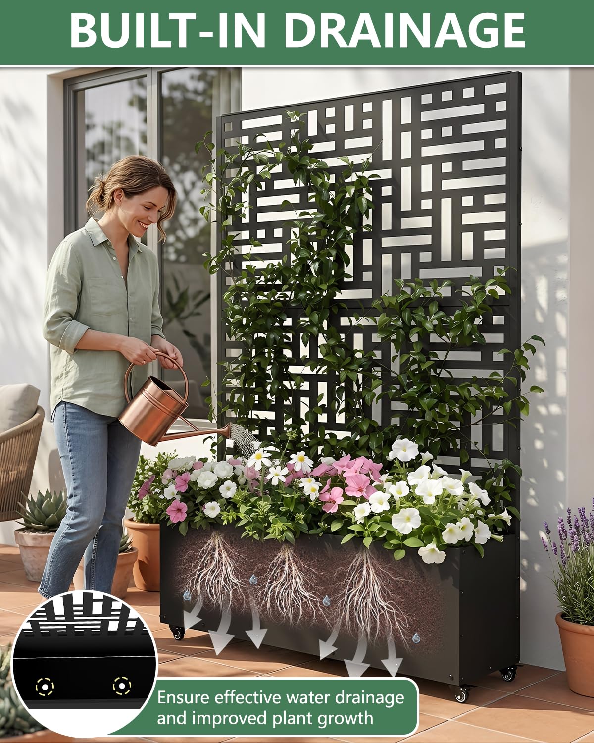 FOLAWO Metal Planter Box with Trellis,70.9"x47.2"x15.7" Raised Garden Bed with Drainage Holes, Privacy Planters for Outdoor Garden Bed for Climbing Plants,Vegetables,and Vines,Black-Modular