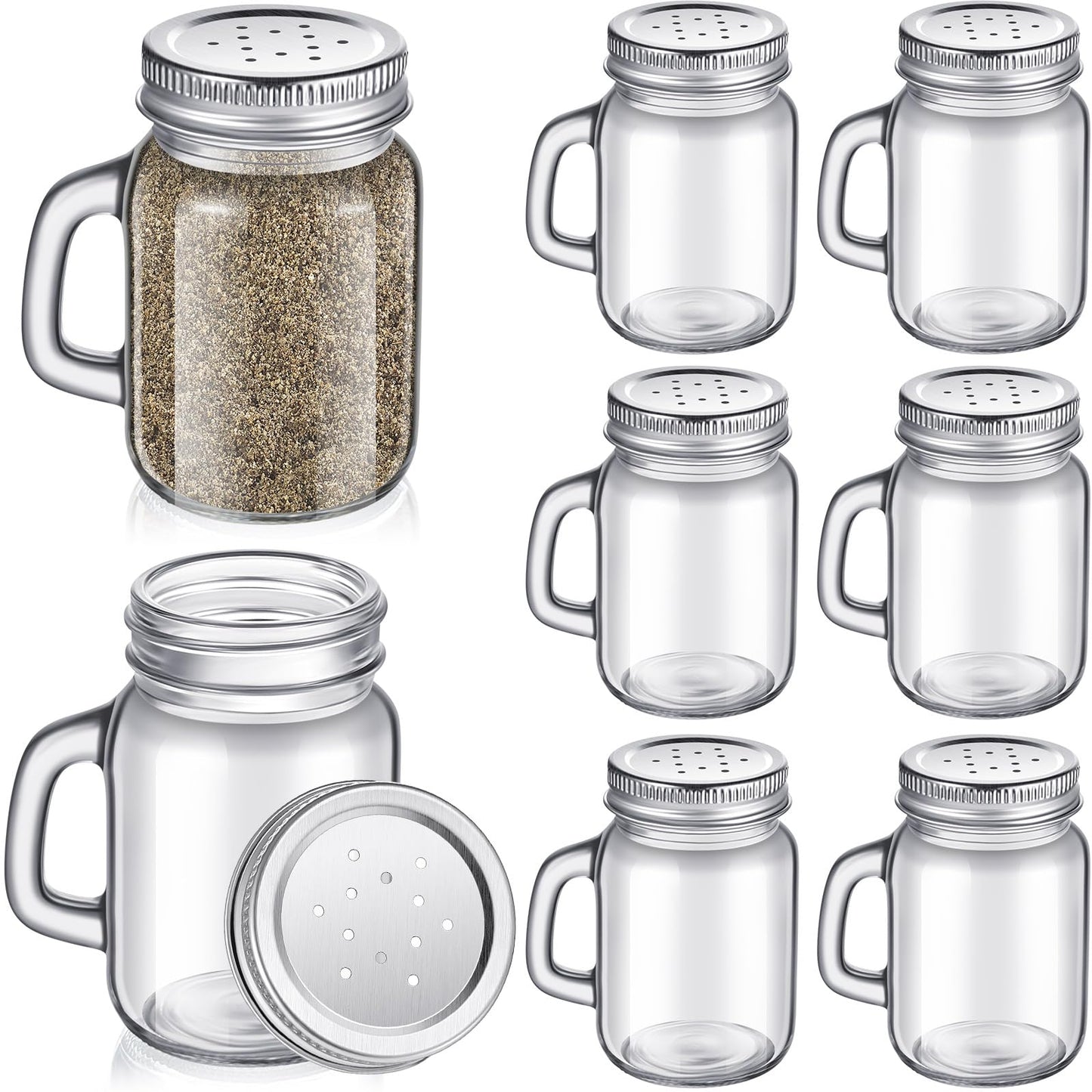 Tessco for you 6 Pcs 4 oz Glass Salt and Pepper Shakers Clear Mason Jar Mini Salt Shakers for Farmhouse Kitchen with Metal Lid and Handles for Kitchen Table Wedding Drinkware Home Accessories(Silver)
