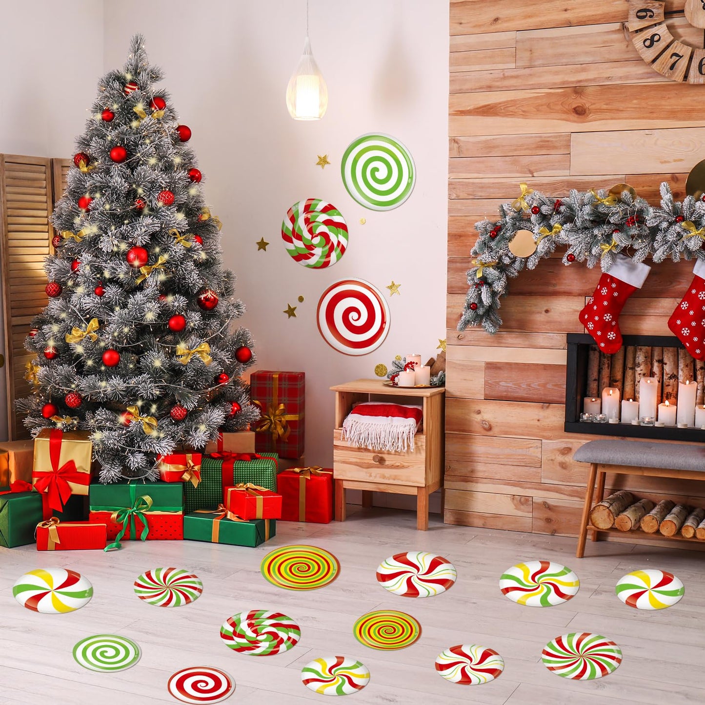 YooNotee 16 Pcs Large Peppermint Christmas Floor Decals Removable Pastel Candy Christmas Floor Stickers Xmas Wall Decals for Home Counters Party Decorations(Red, Green, Yellow,Classic)