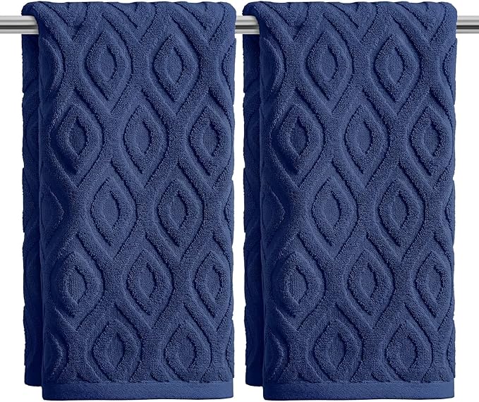 Artoid Mode 2 Pcs Navy Blue 3D Diamond Grid Jacquard Hand Towels