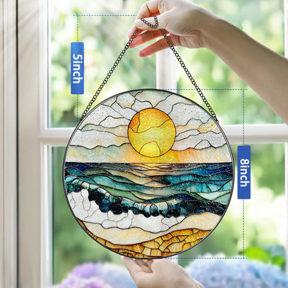 8-Inch Stained Glass Ornament, Stained Glass Window Hanging, Window Hanging Decor Suncatcher, Beach Sunset Ornament | Summer Vibes Gift | Gifts for Beach Lovers, Friend & Family