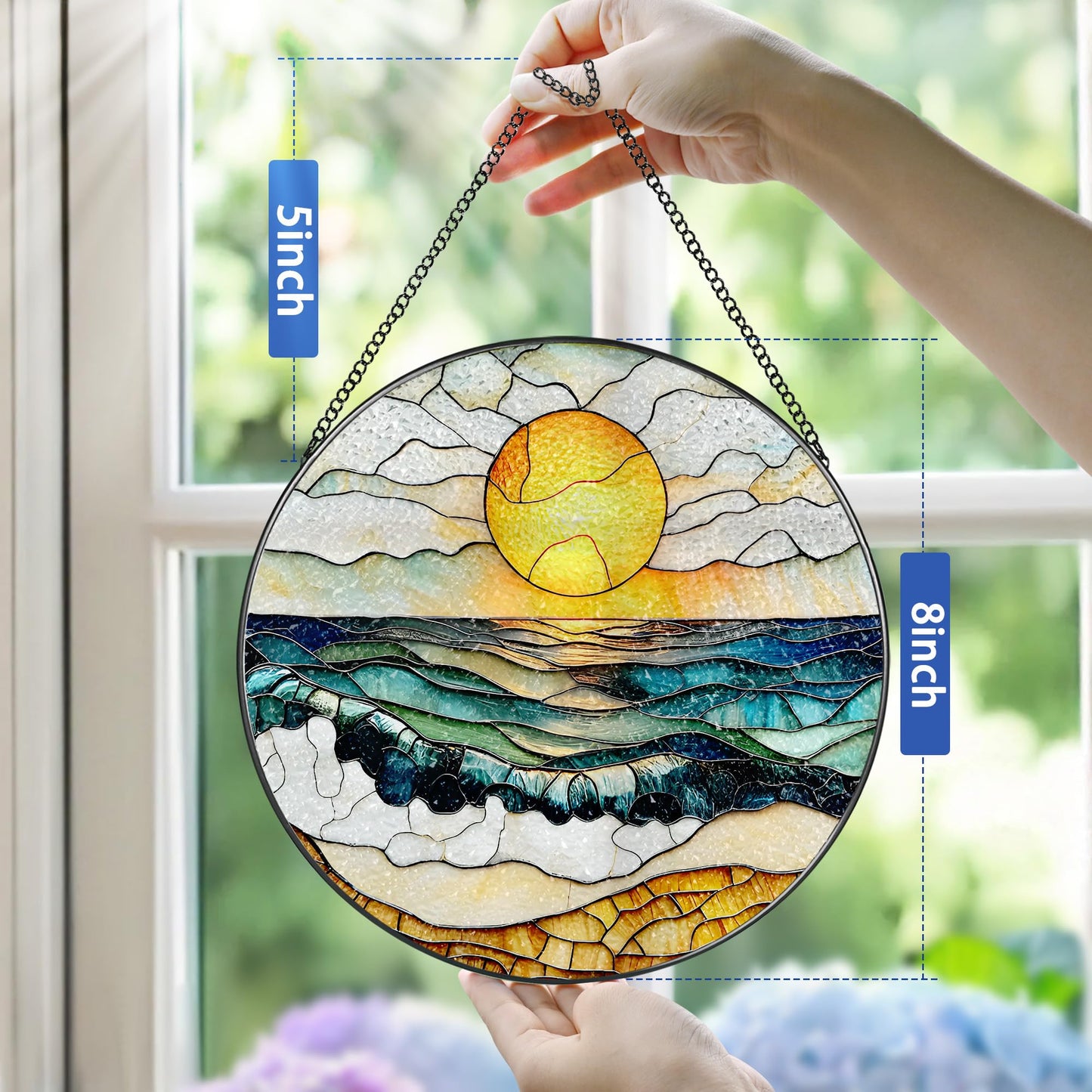 8-Inch Stained Glass Ornament, Stained Glass Window Hanging, Window Hanging Decor Suncatcher, Beach Sunset Ornament | Summer Vibes Gift | Gifts for Beach Lovers, Friend & Family