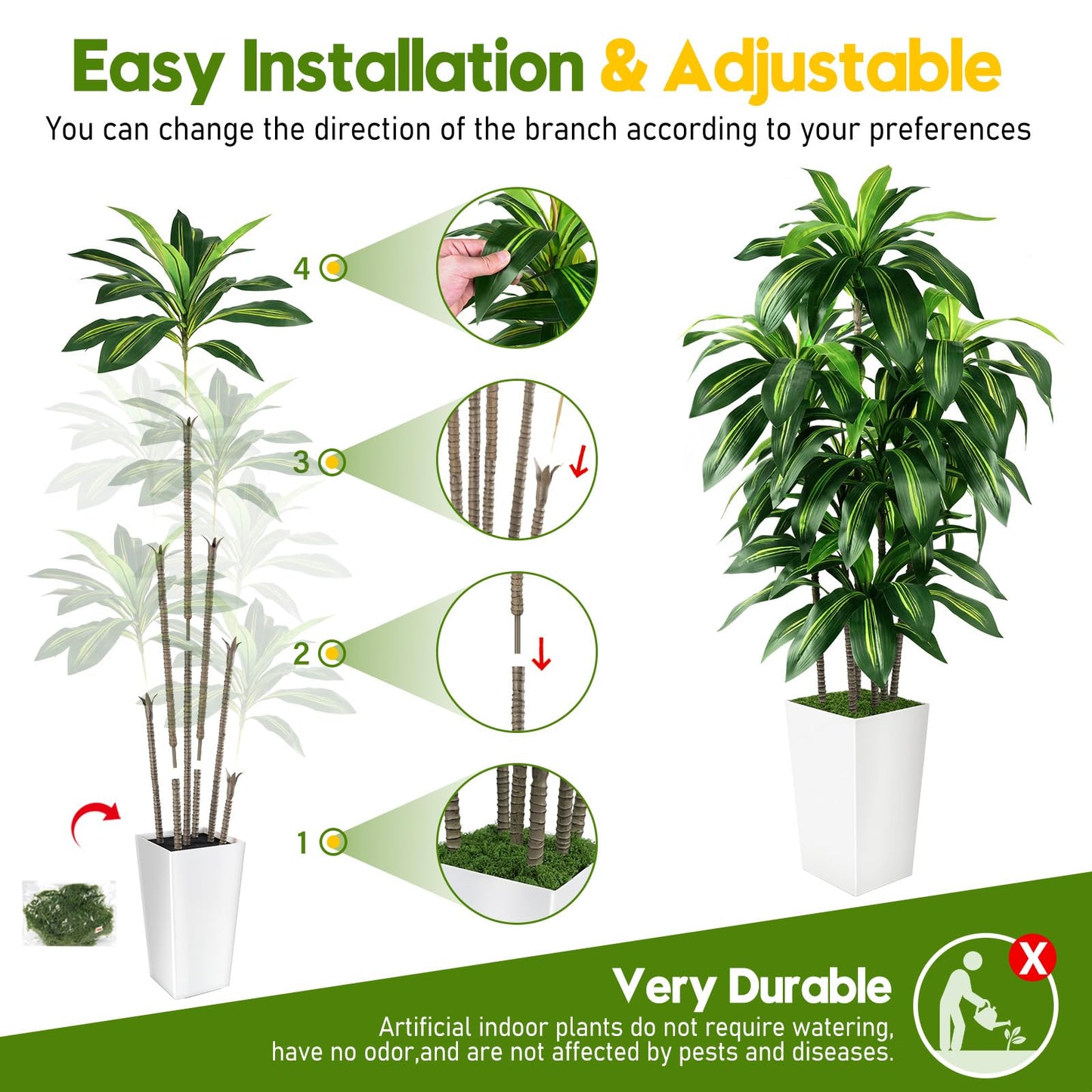 Artificial Dracaena Tree Indoor, 5FT Tall Fake Tree with White Tall Planter, Artificial Tree Fake Yucca Potted Tree for Home Office Living Room Decor, Tall Artificial Plant for Housewarming