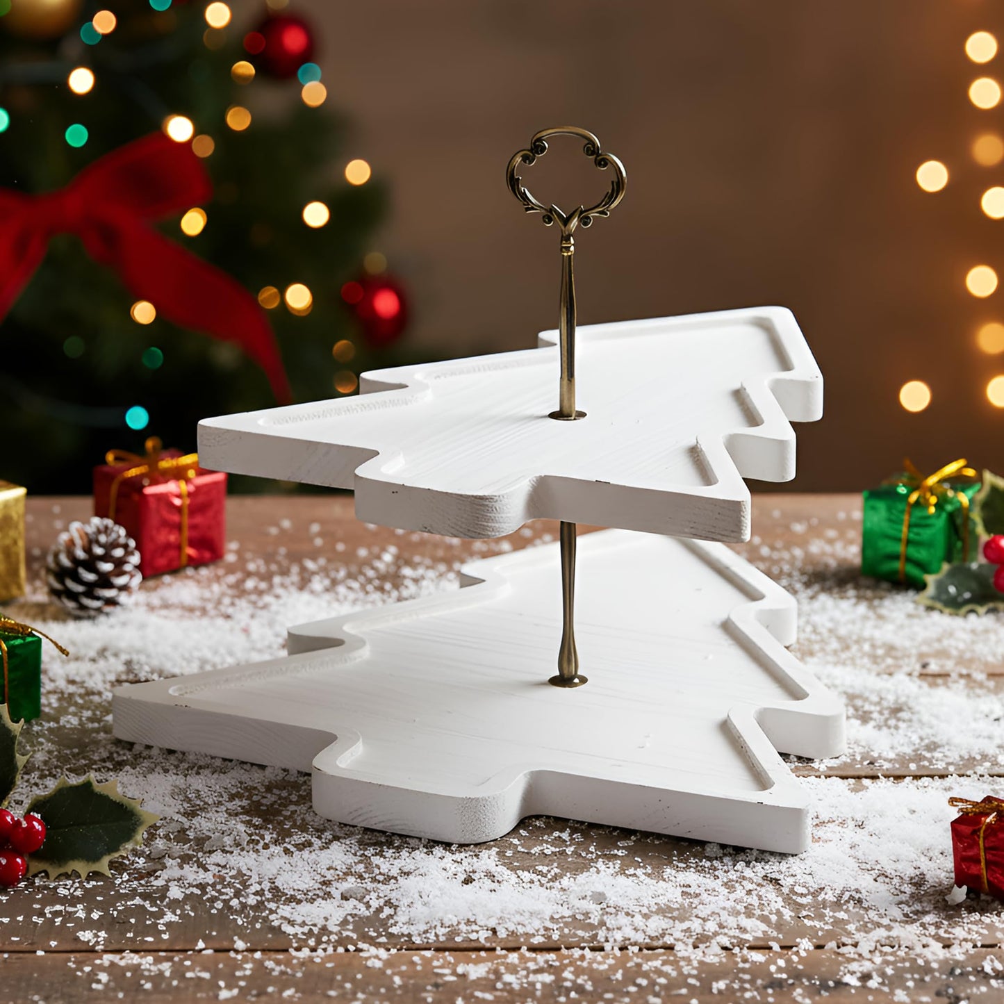 Amyhill Wood 2-Tiered Christmas Tree Tray Cupcake Stand Dessert Display Holiday Serving Platters Xmas Wooden Charcuterie Board for Snacks Food Fruit Appetizers Desserts Cookies(Distressed White)