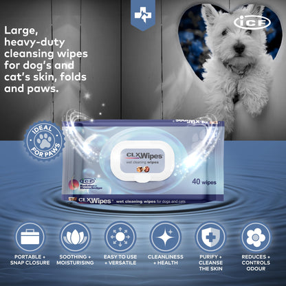 ICF | CLX Cat & Dog Wipes | Antibacterial & Antifungal Cleansing Wipes for Paws, Skin Folds & Ears | Supports Healthy Skin & Odor Control | 40 Count