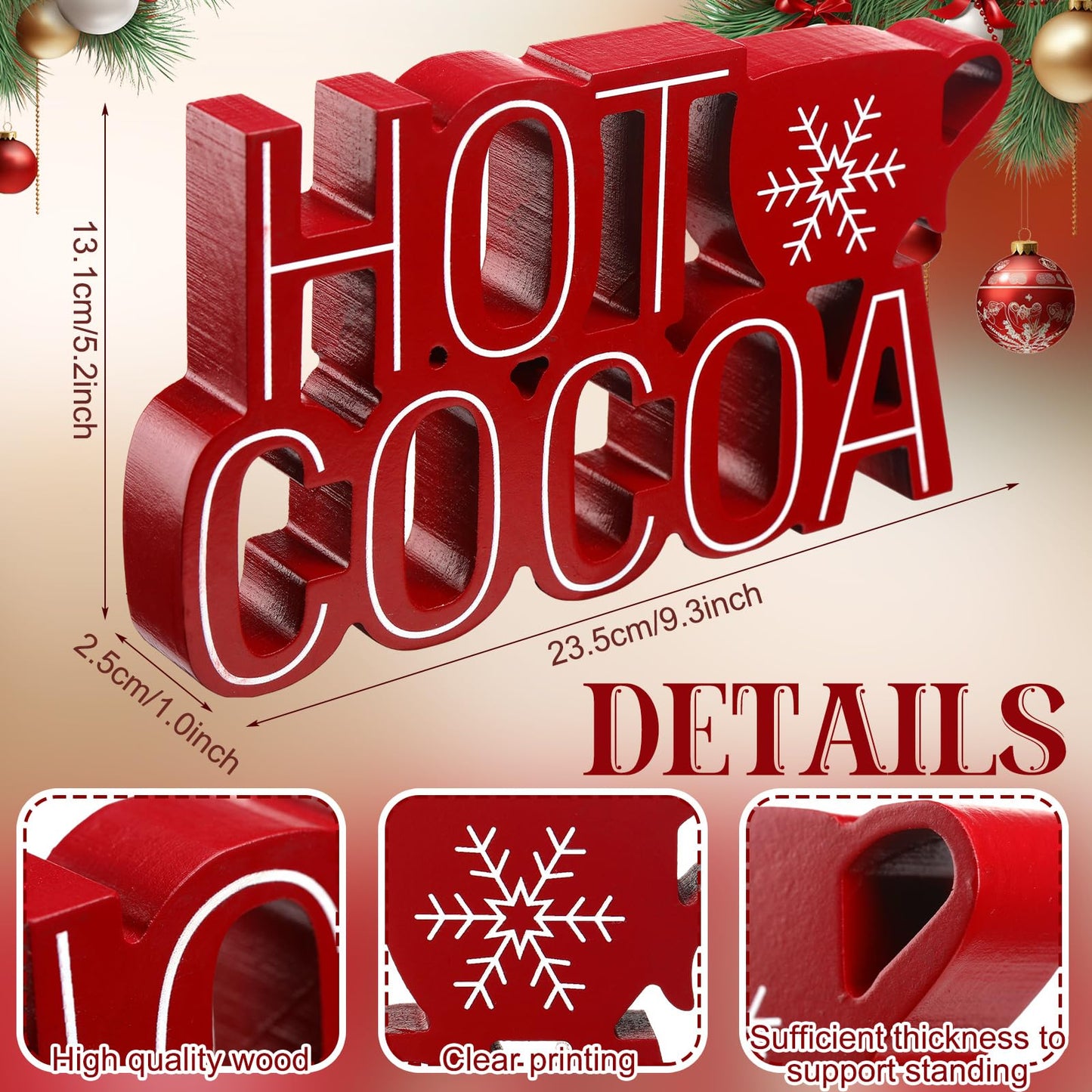 Roowest Christmas Hot Cocoa Bar Sign, Hot Cocoa with Mug Words Wood Tabletop Decoration Coffee Bar Wooden Block Sign for Table Shelf Home Kitchen Coffee Shop