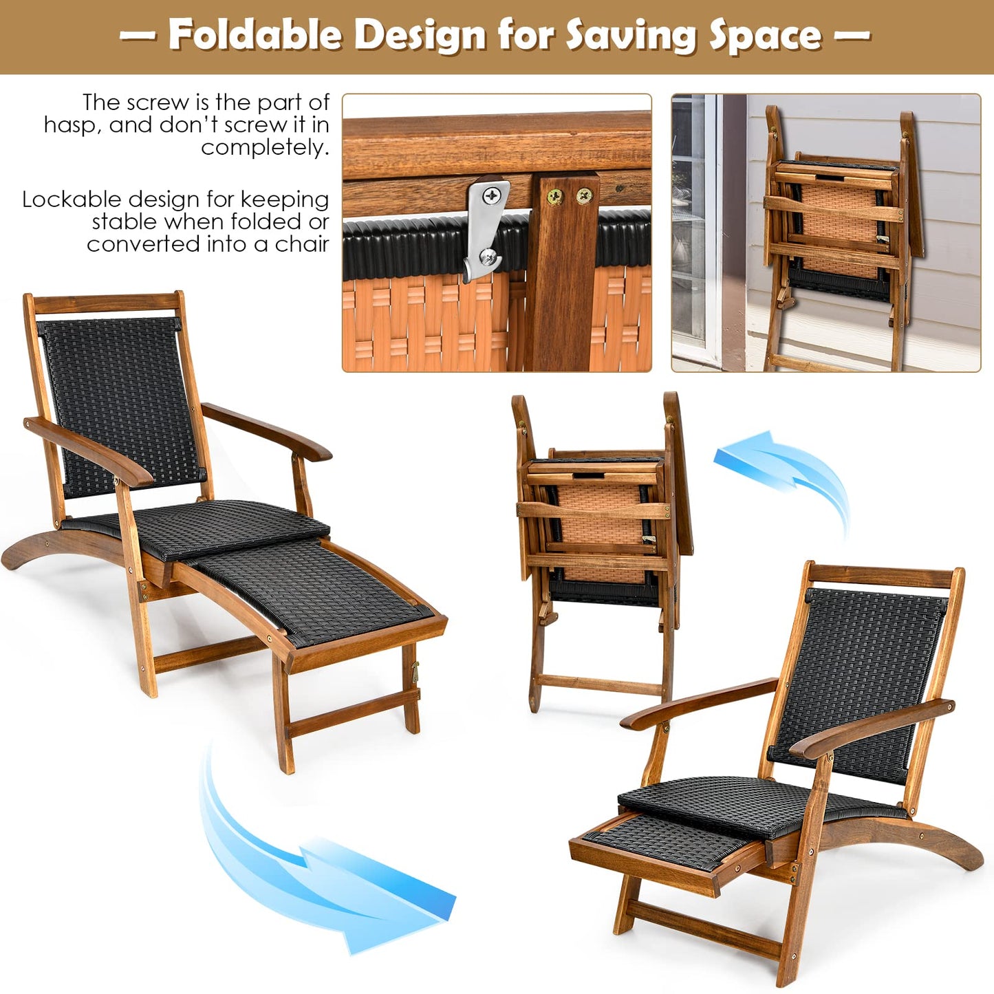COSTWAY Patio Folding Rattan Lounge Chair, Acacia Solid Wood Frame, Low Deck Chair with Convenient Retractable Footrest, 24” x 51.5” x 32.5”