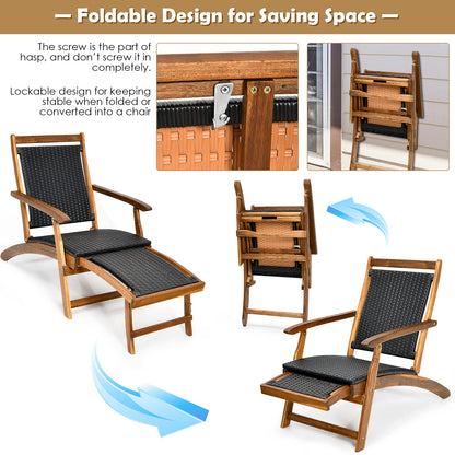 COSTWAY Patio Folding Rattan Lounge Chair, Acacia Solid Wood Frame, Low Deck Chair with Convenient Retractable Footrest, 24” x 51.5” x 32.5”