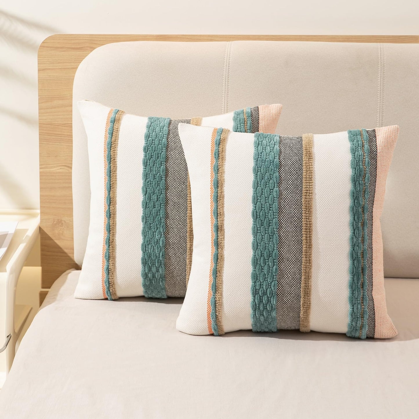 Boho Throw Pillow Covers 18x18 Set of 2 Farmhouse Decorative Cushion Case Striped Square Pillows Cover Chenille Pillow Cases Accent Neutral Pillowcase for Sofa Couch Bed,Sky Blue