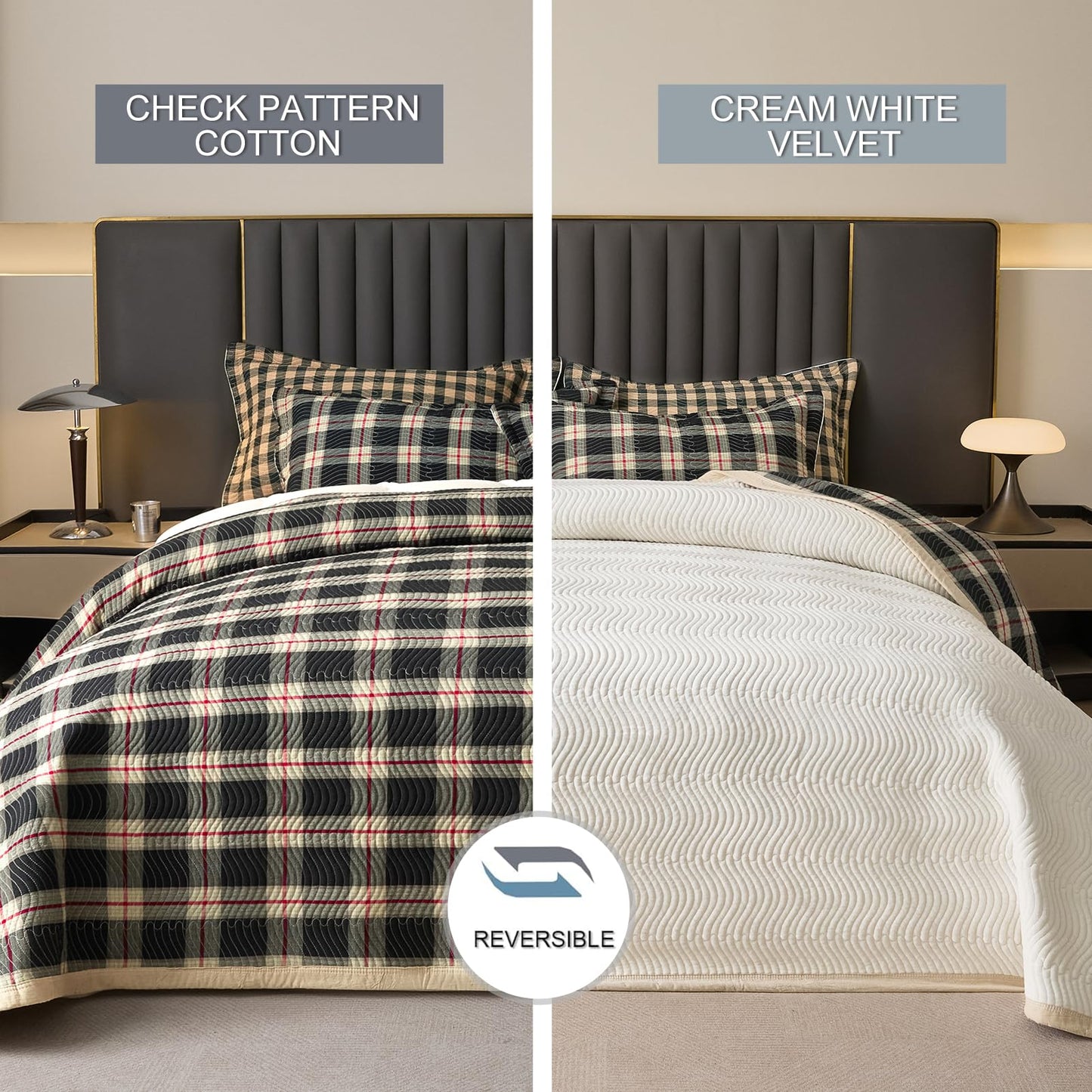 tohrisa Cotton Plaid Quilt Set, Ultra Soft 3 Pieces Queen Size Bedding with 2 Pillow Shams, Lightweight Reversible Coverlet Bedspread with Wave Quilting for Summer, 90"x96", Grid- Black Red