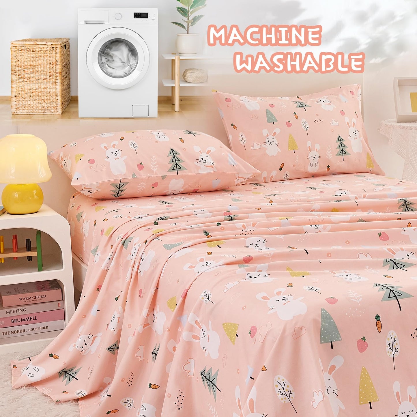 Yibeizi Pink Bunny Twin Sheets Set for Girls, Kids Cute Bedsheets Microfiber Deep Pocket Bed Sheet & Pillowcase Sets 3 Pieces