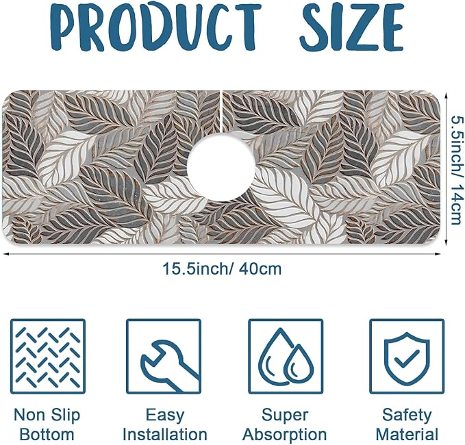 Embossed Leaf Texture Sink Splash Guard Grey Leaf Faucet Absorbing Mat Fast