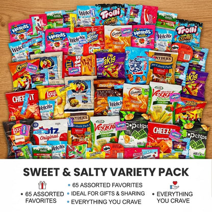 Snack Variety Care Package Gift Box, 65 Count Ready To Gift Assorted Snacks With Cookies Chips Bars Popcorn Crackers For Adults Kids Office Break Rooms School Snacks Camp Snack Gift Birthdays Welcome Gifts Get Well Soon Box