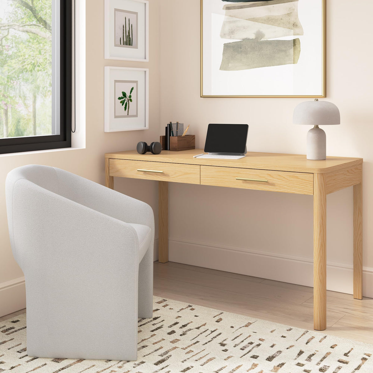 Bush Home Vera 54W Writing Desk with Upholstered Barrel Office Chair, Home Office Furniture, Vera Collection, Natural White Oak and Light Cream Fabric