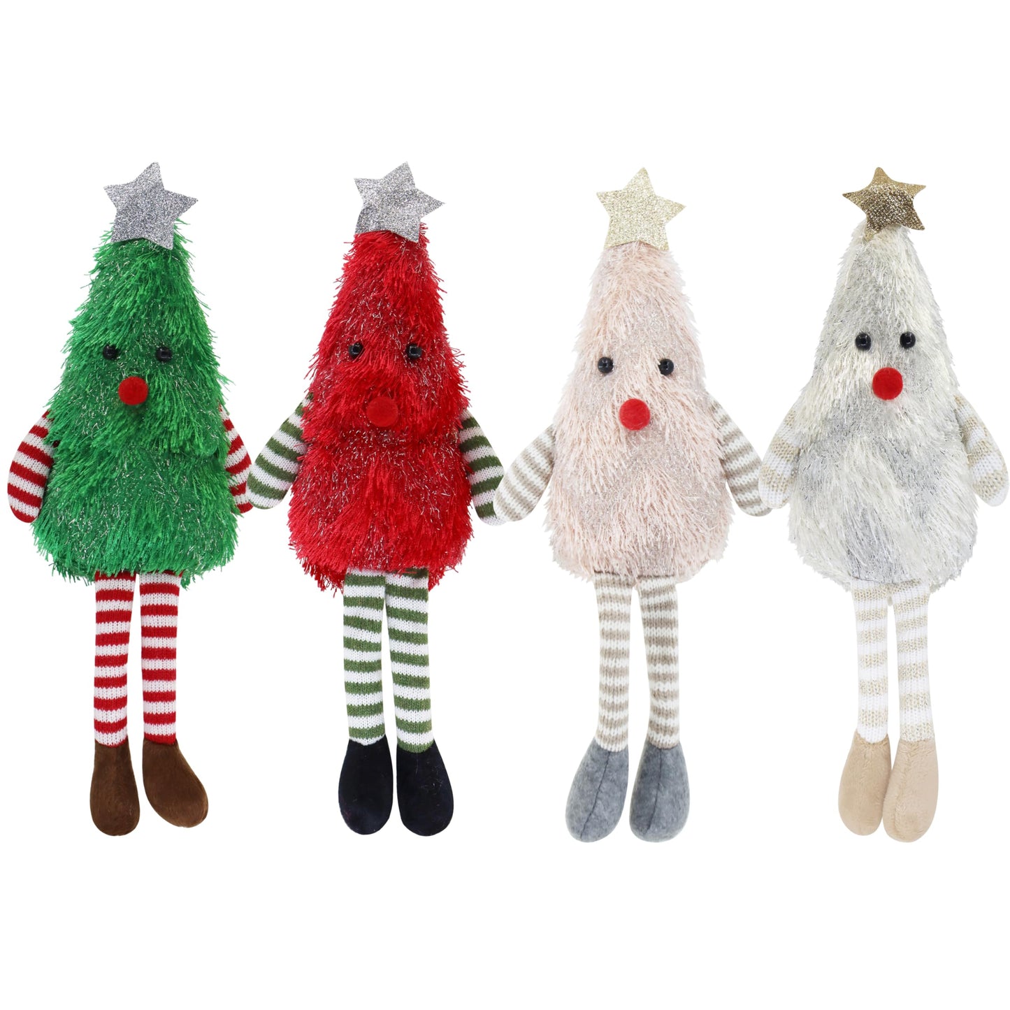 Beaver Rain Cat 4-Pack Christmas Tree Plush Dolls, Festive Stuffed Figurines with Striped Legs & Star Toppers for Holiday Decor