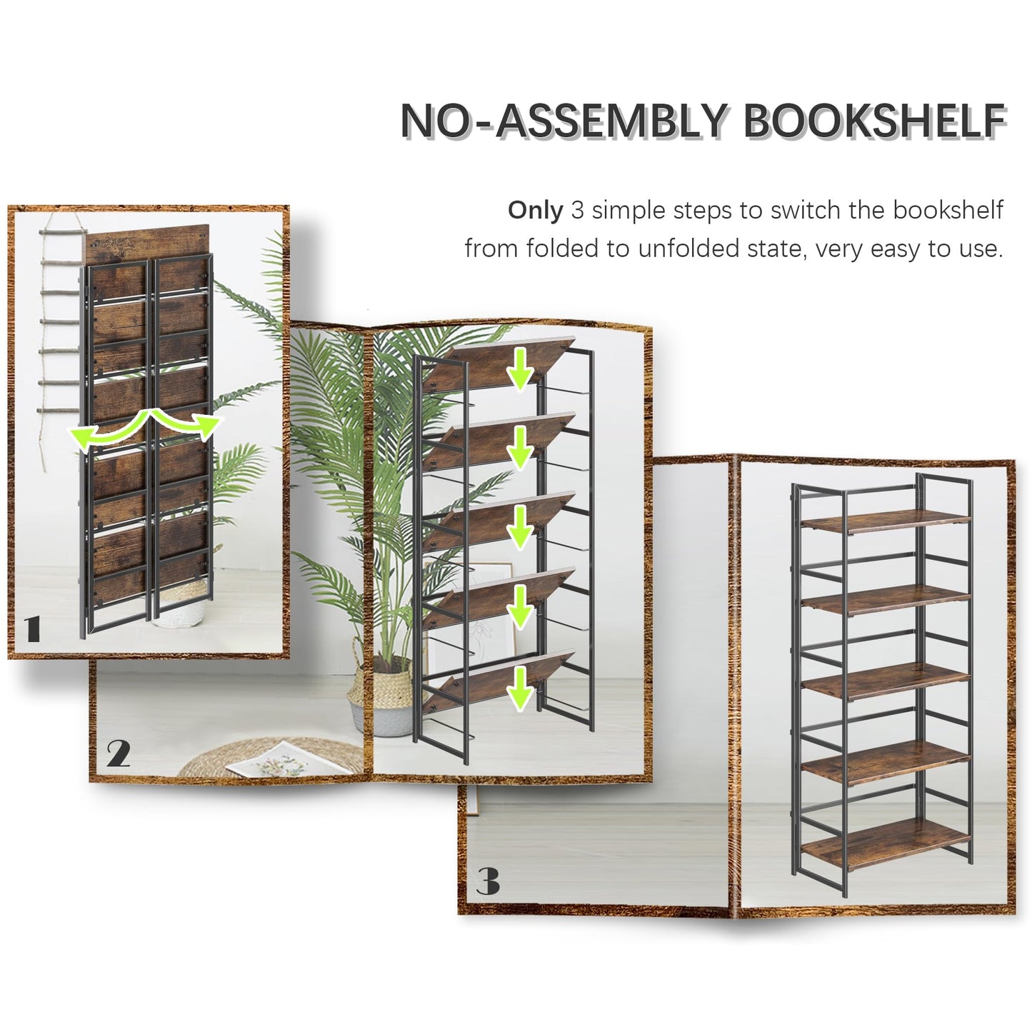 4NM No Assembly 5 Tier Collapsible Book Shelves, 51.2" H x 23.6" W Folding Bookshelf Bookcase Open Industrial Foldable Shelf for Bedroom, Living Room, Home Office - Rustic Brown