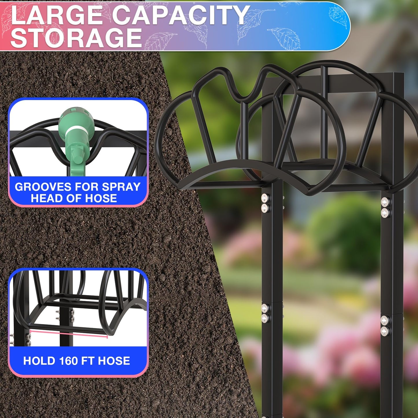 Qatsrin New Garden Hose Holder, Super Stable Water Hose Holders Stand Holds 160-Feet Hose, Detachable Freestanding Hose Storage Hanger Rack for Outside Yard Lawn Farm, Black