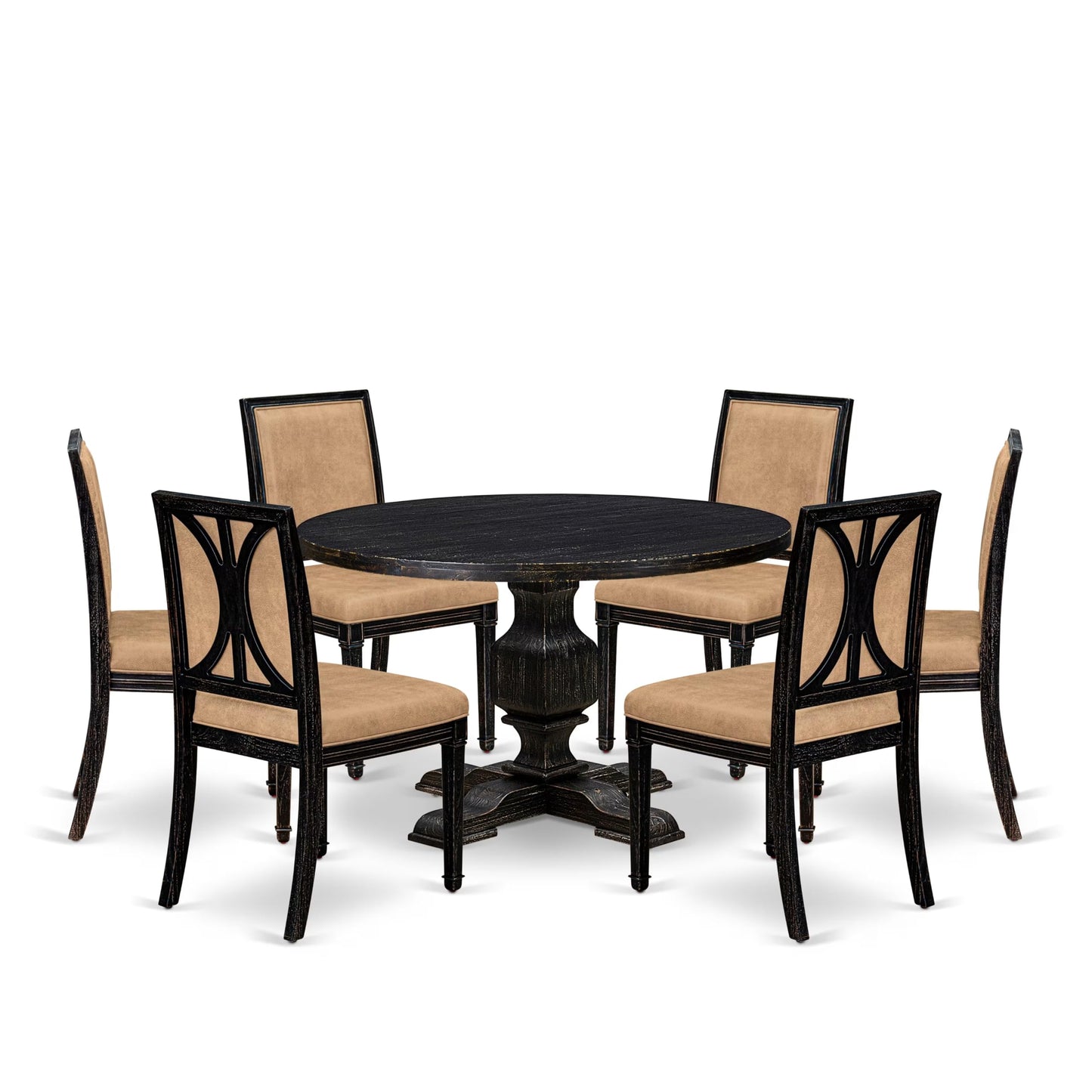 Luxe by East West Furniture - I3AM7-411-28 7-Piece Dinner Table Set Contains a Round Wood Dining Table and 6 Beige Polyester Chairs with High Back, Sand Blasting Black Finish.