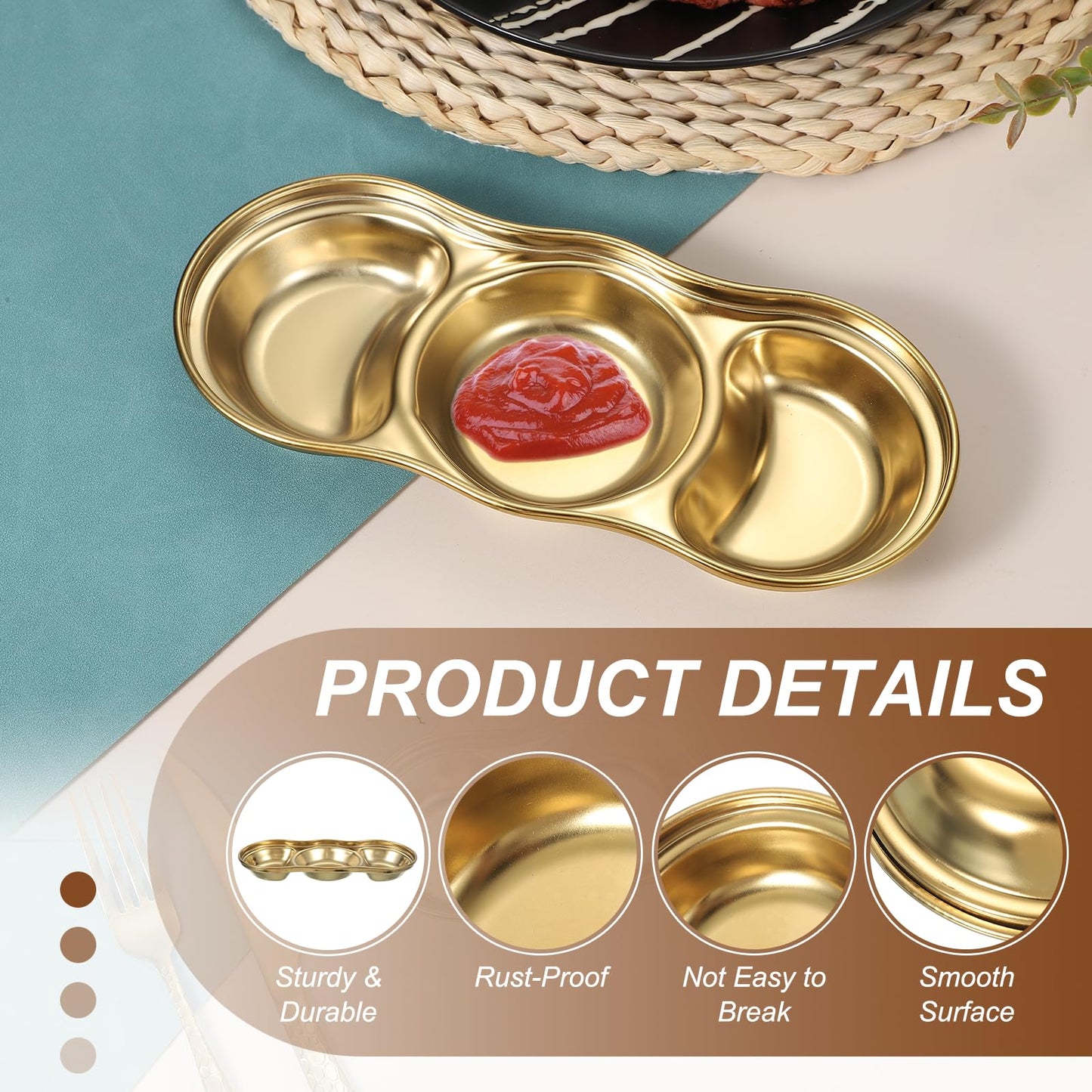 uxcell 3 Inch Mini Stainless Steel Sauce Dish, 2 Pcs Round Seasoning Bowls Appetizer Plates Condiment Bowl for Salad Side Dishes Sushi Dipping Ketchup, Gold 3-Compartment