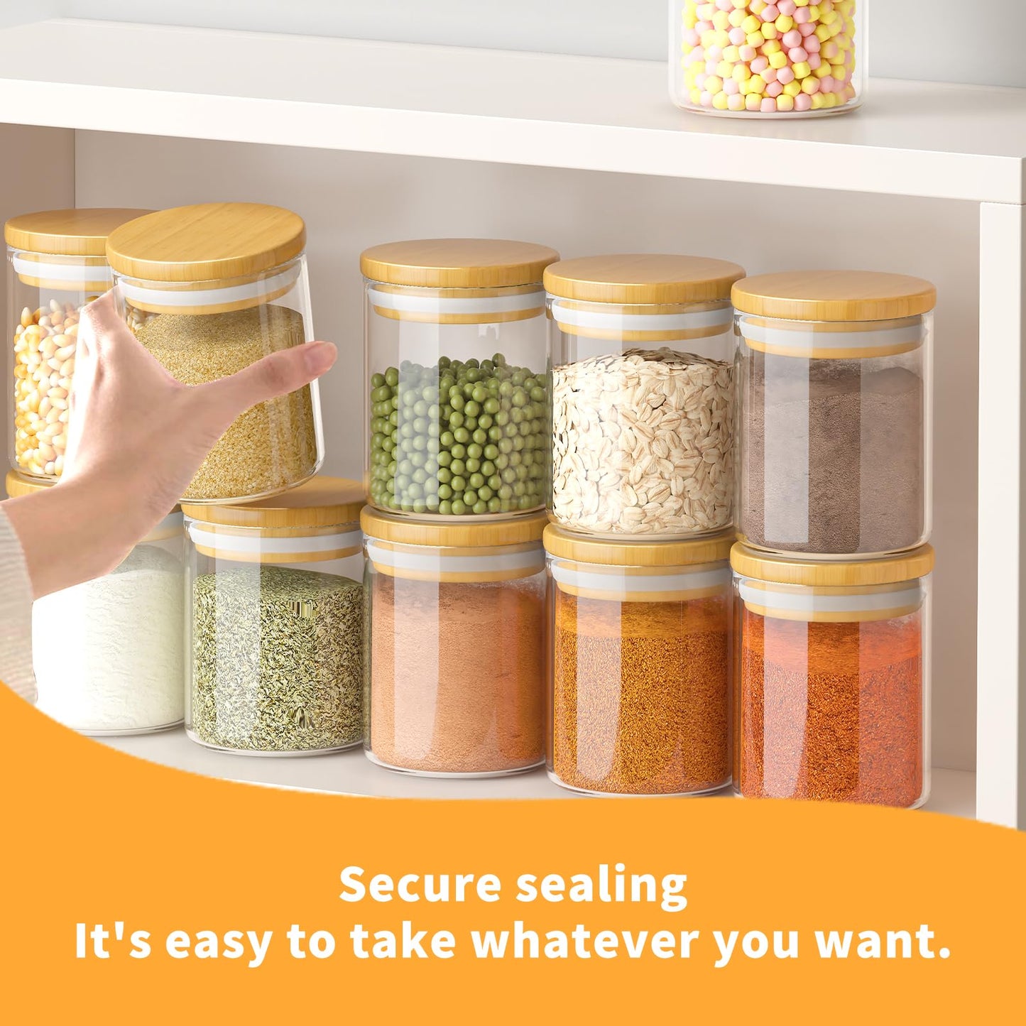 15Pcs 6oz Glass Spice Jars, Airtight Bamboo Lid Containers with Labels