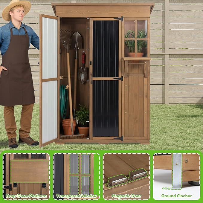 PetsCosset Large Outdoor Storage Cabinet Waterproof with Shelves, Outside Storage Shed Tall Backyard Cabinet with Fold-Out Table for Patio, Garage, Garden, Pool Accessories Storage (70.5" H x 51" L)