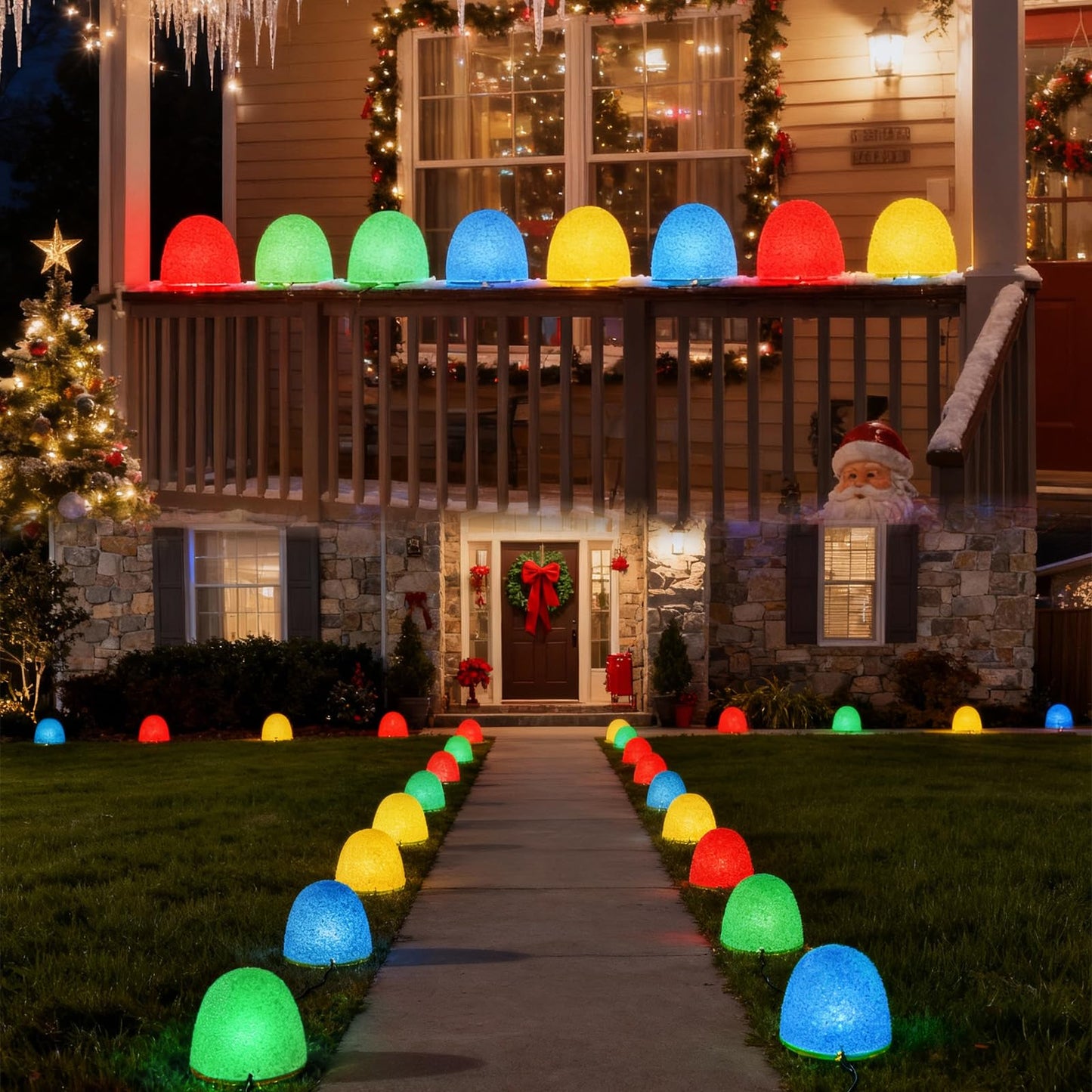 Illuminated Gumdrop Christmas Pathway Lights Outdoor Decorations, Connectable 4Pcs Light Up Gum Drop with Timer for Yard, Cute Holiday Christmas Outside Decor for Porch,Walkway, Gingerbread Theme