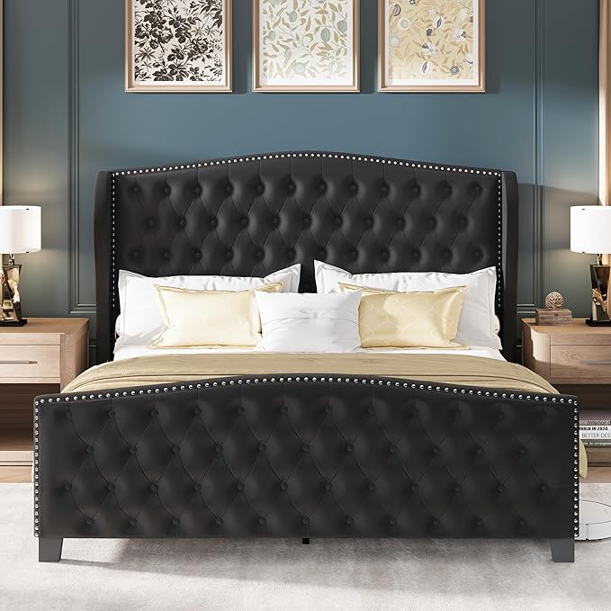 LARMACE King Size Bed Frame Velvet Upholstered Platform Bed