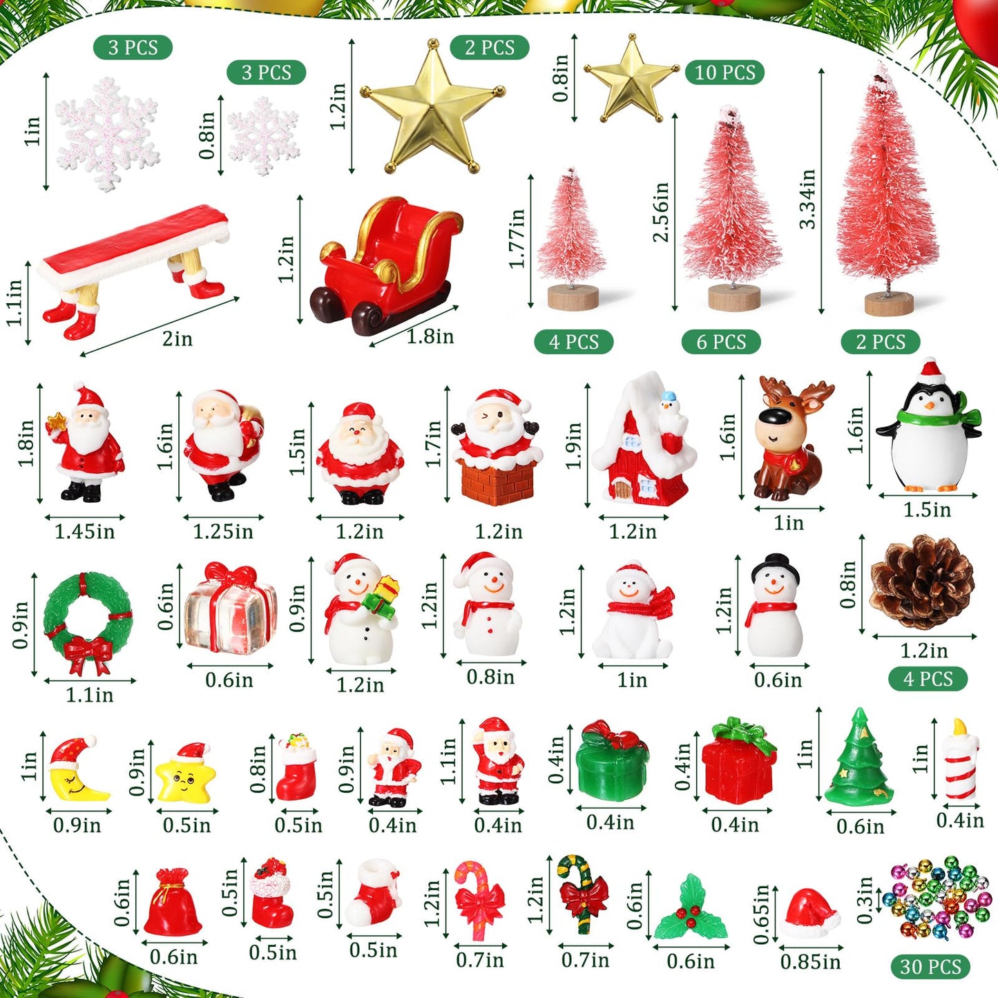 96 Pcs Miniature Ornaments for Snow Globe Kit DIY Christmas Village Decoration Christmas Figurines Mini Ornaments with Snowman Reindeer Santa Claus Snowflake(Pink)