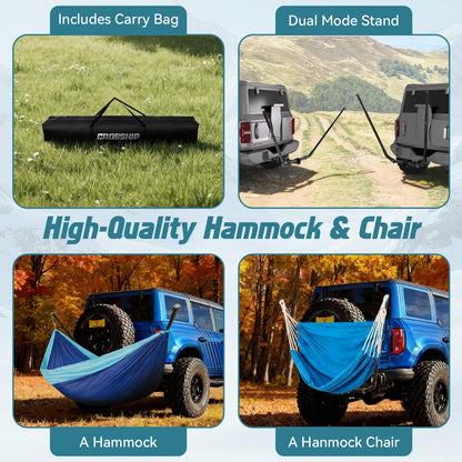 CROSSHIP Hitch Mount Hammock & Chair Stand - Fits 2in Hitch Receiver - Includes Parachute Nylon Hammock, Hammock Chair & Storage Bag - for Camping, Outdoor, Travel (350lbs Weight Capacity)