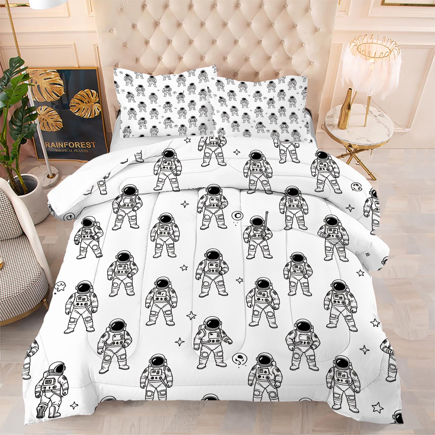 VTKON Black and White Astronaut 3Pcs Comforter Set for Boys, Queen Size Spaceman and Star Bedding Set, Line Print Galaxy Bed Sets for Kids Bedroom with 2 Pillowcases