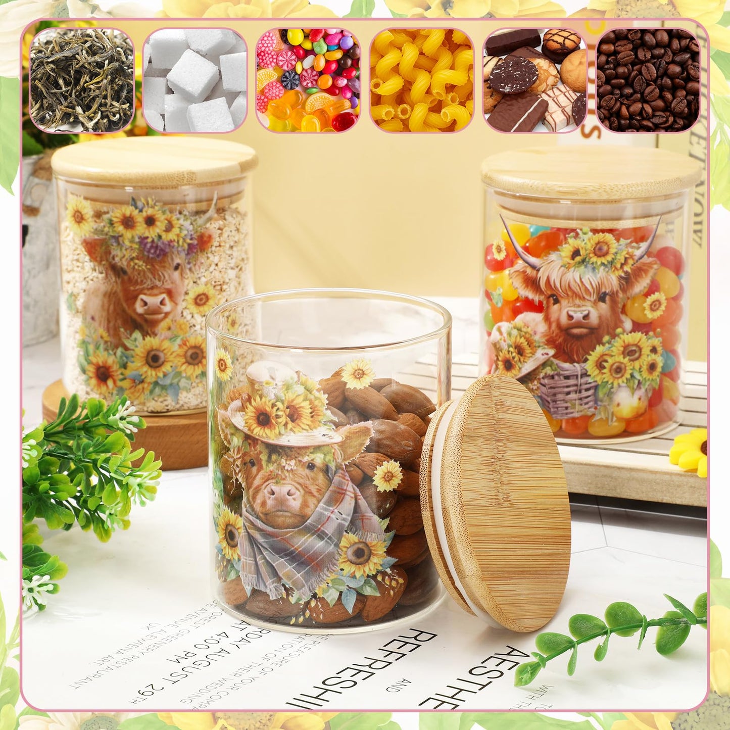 JarThenaAMCS 3Pcs Highland Cow Sunflower Glass Storage Jars With Airtight Lid Cattle Floral Decorative Canisters Sets for Cookie Spring Summer Farmhouse Home Kitchen Countertop