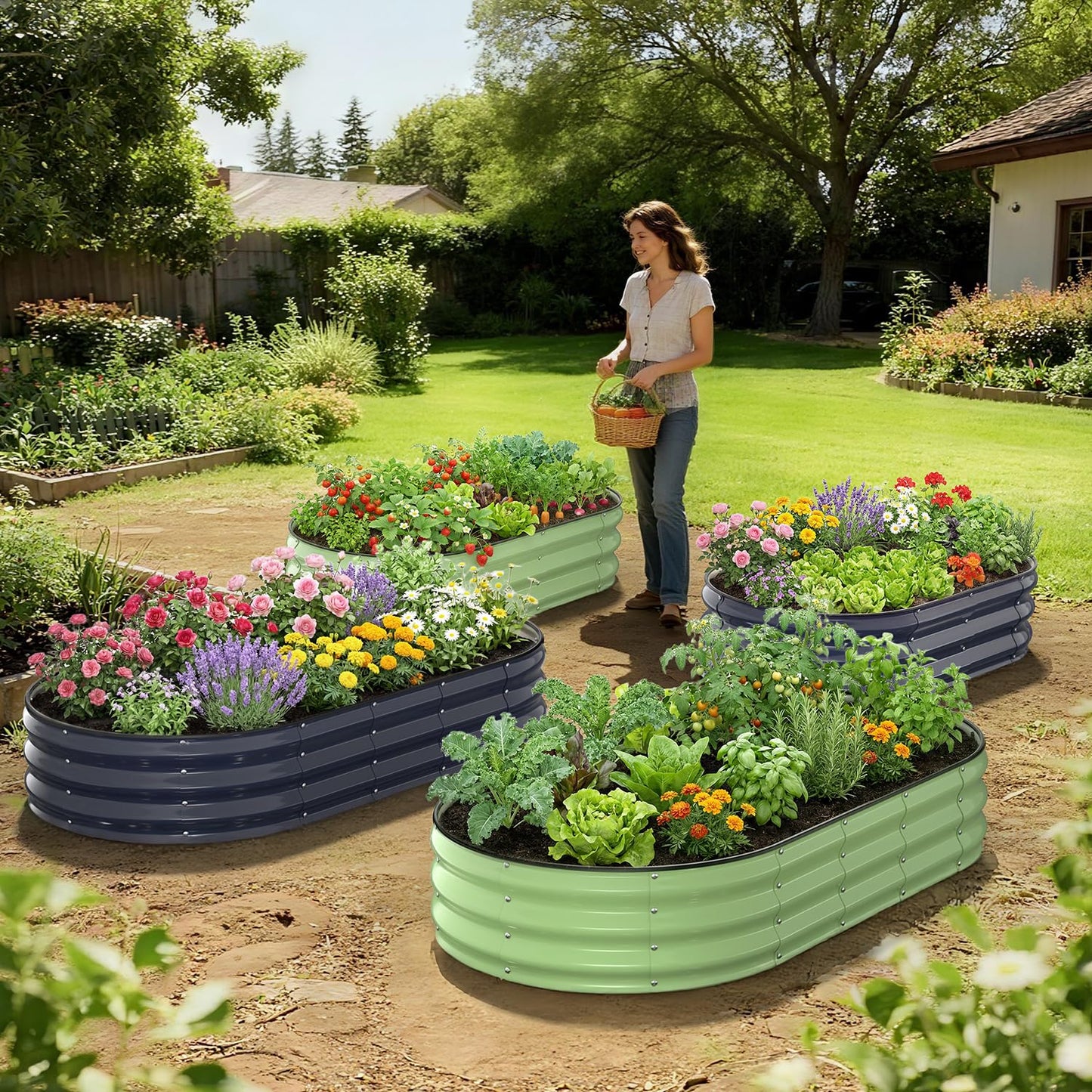 Yumatum Raised Garden Bed 6×3×1 FT, Galvanized Raised Planter Box, Oval Vegetable Planting Container with Safety Edge Trim, Fruit Green for Backyard Fence Line Side Yard Family Gardening